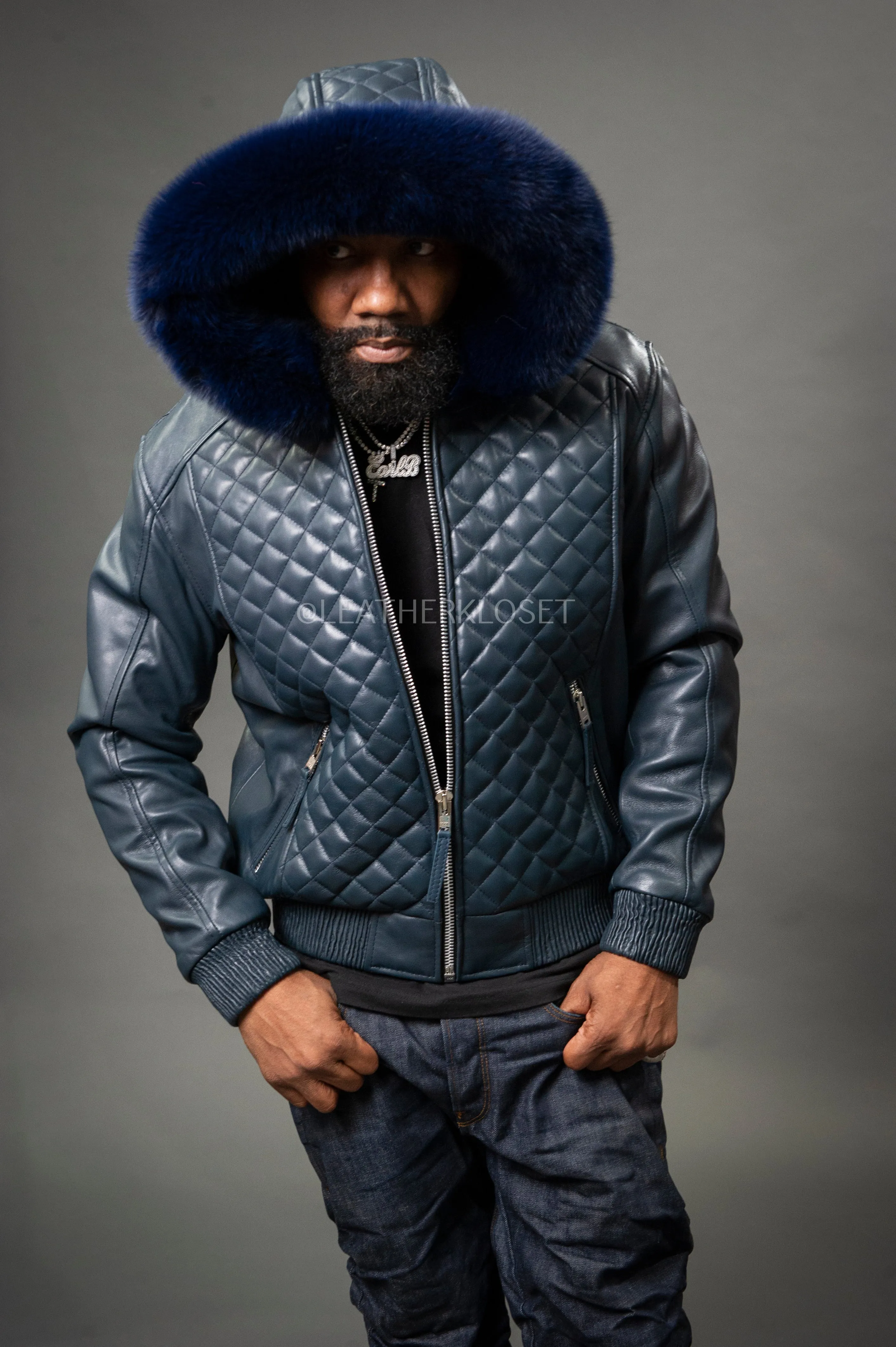 Men's Lucas Quilted Leather Bomber Jacket With Fox Hood [Navy]