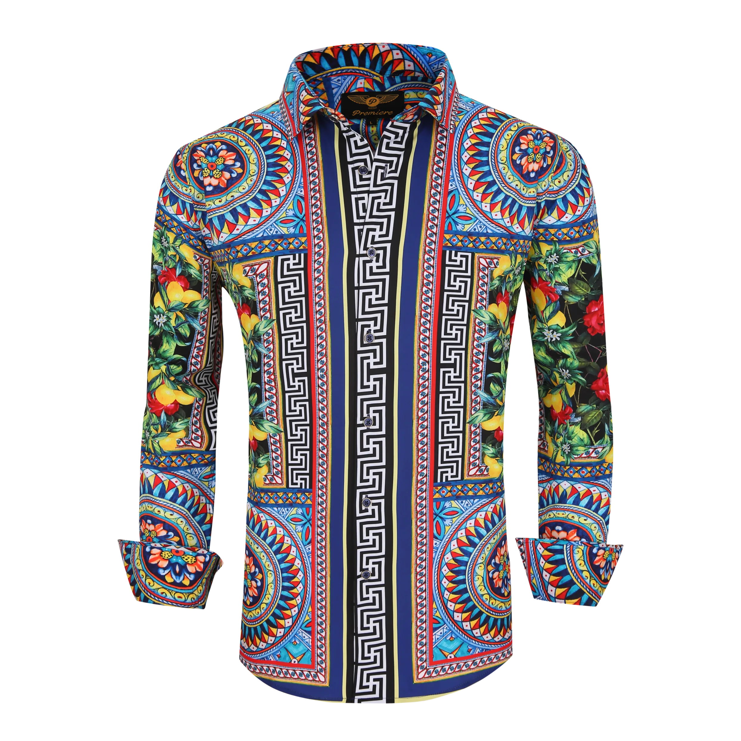 Men's NEW PREMIERE COLORFUL FLORAL GEOMETRIC Long Sleeve Button Down Dress Shirt