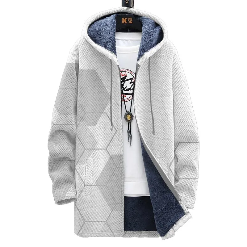 Men's Printed Hooded Two-pocket Plush Thickened Long-sleeved Cardigan Jacket 98352669L