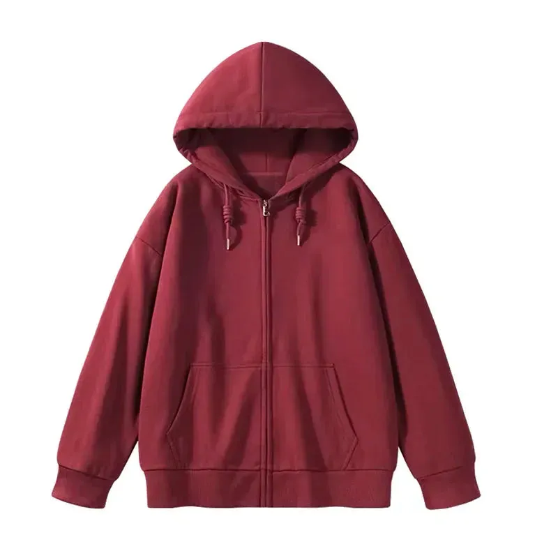 Metaversmall Solid Color Casual Drawstring Women's Hoodies Pockets Zip-up Simple O-neck Basic Streetwear Fashion Simple Office Ladies