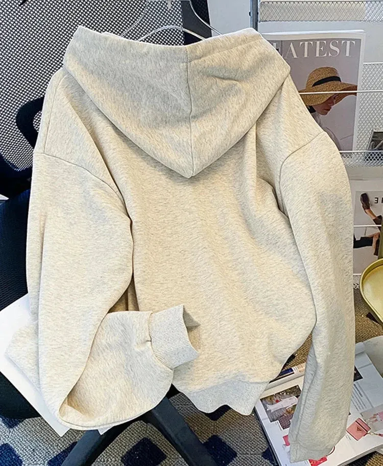 Metaversmall Solid Color Single-breasted Loose Hoodies Women Sportswear Female Light Gray Sweatshirt Hooded Casual Korean Top M-XL