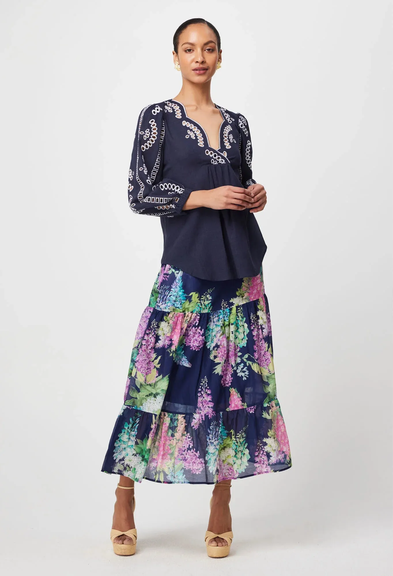 MORGAN EMBROIDERED LINEN VISCOSE BLOUSE | Lapis