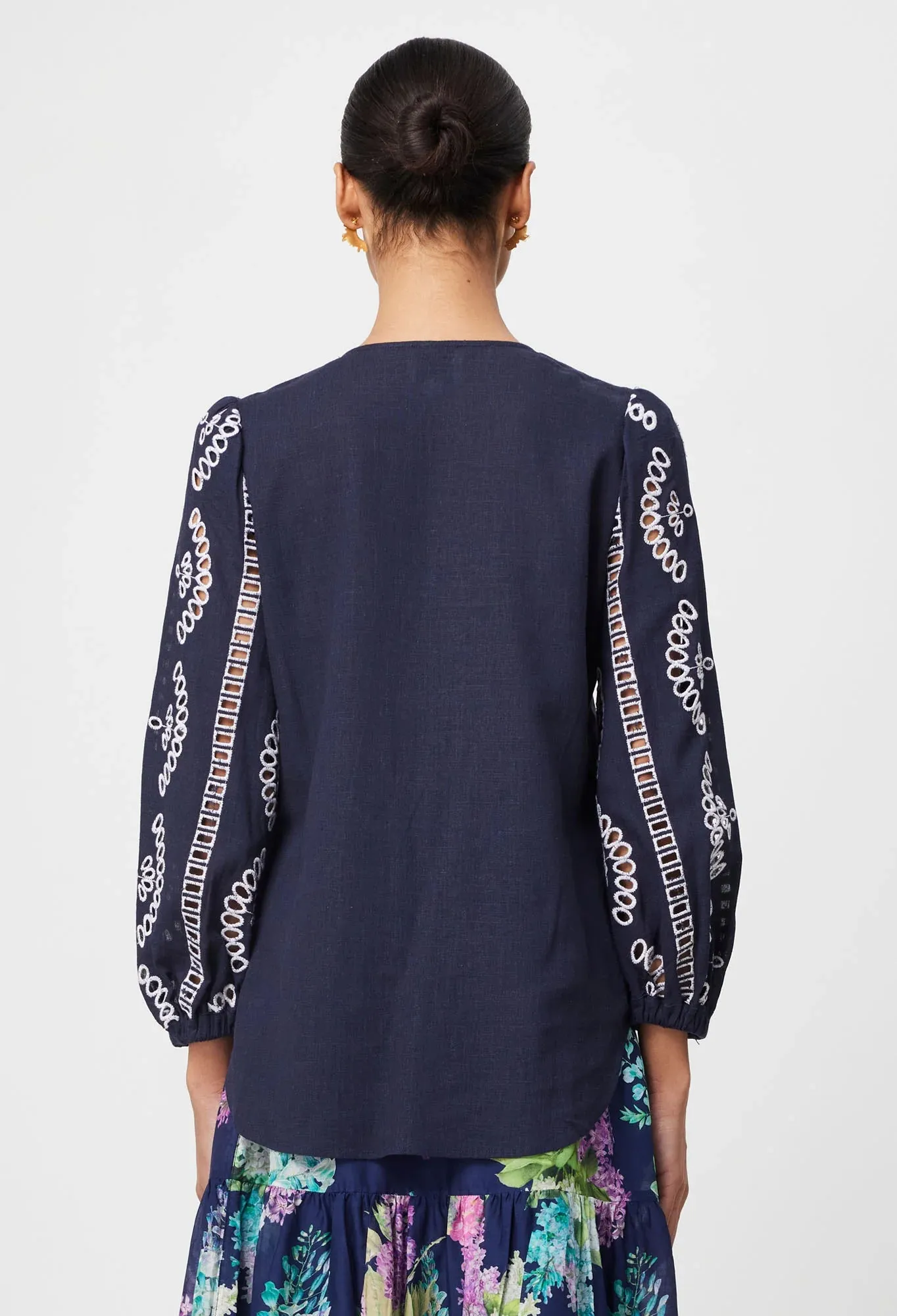 MORGAN EMBROIDERED LINEN VISCOSE BLOUSE | Lapis