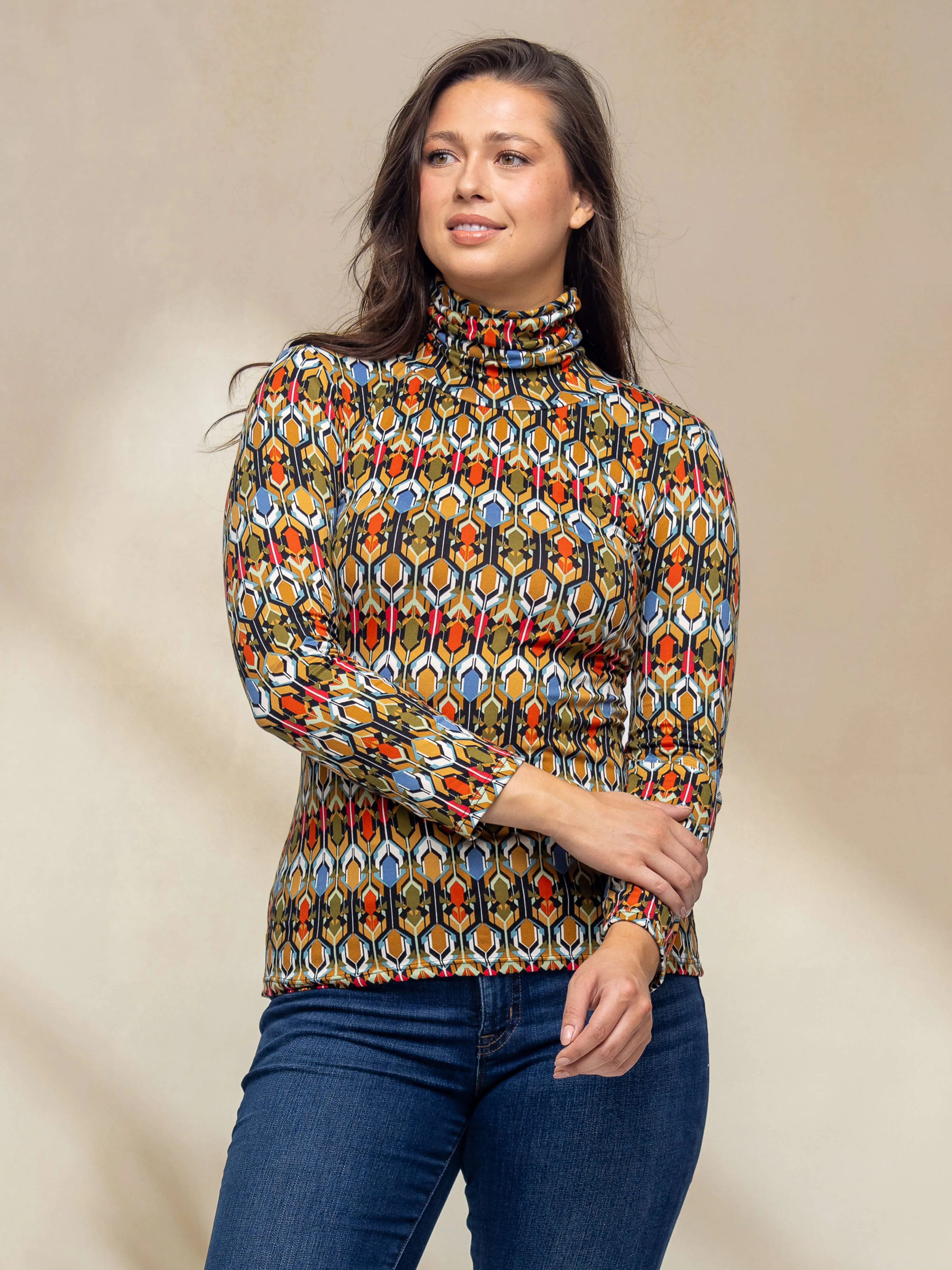 Multicolor Geo Pring Long Sleeve Turtle Neck Top