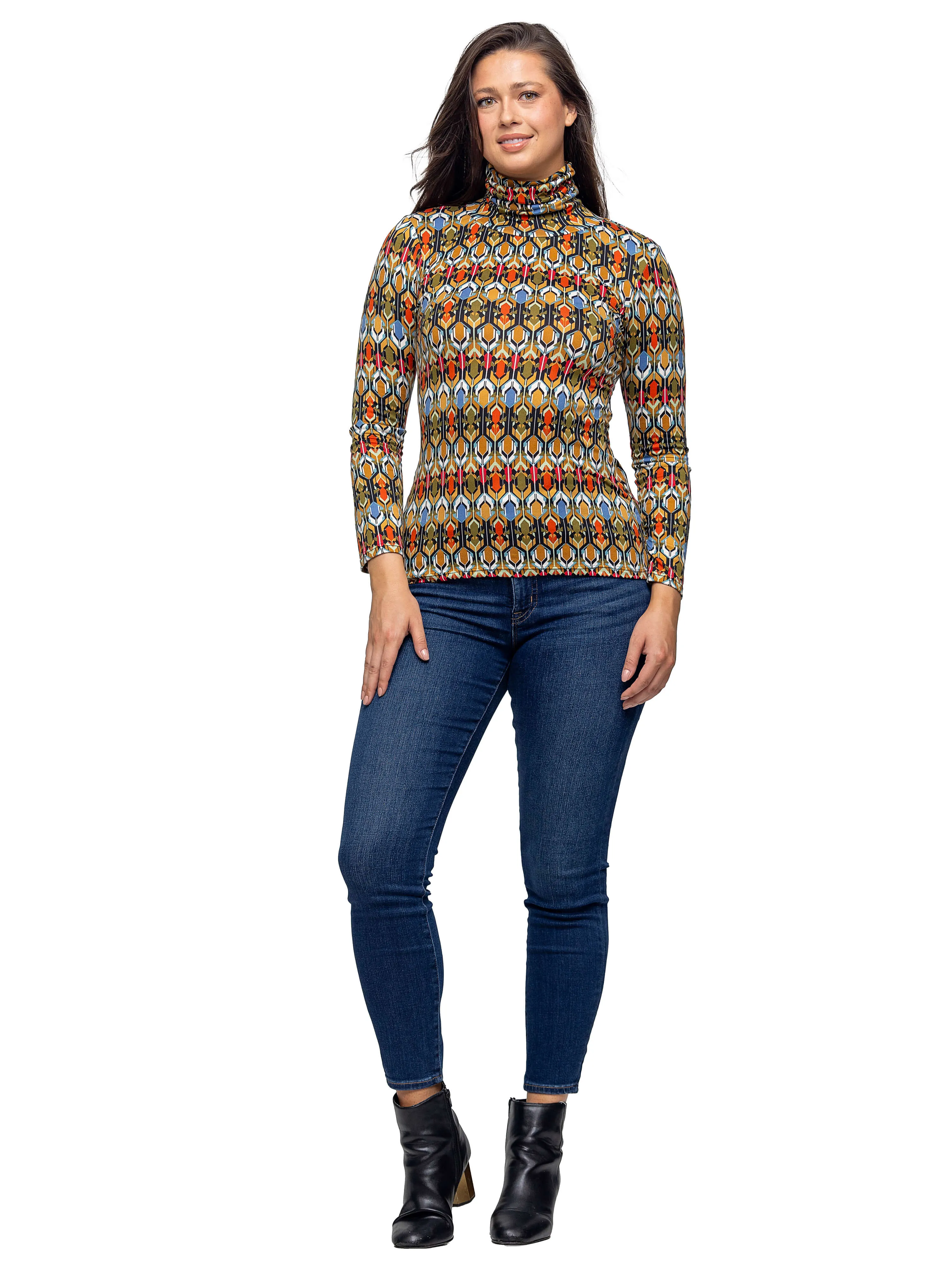 Multicolor Geo Pring Long Sleeve Turtle Neck Top