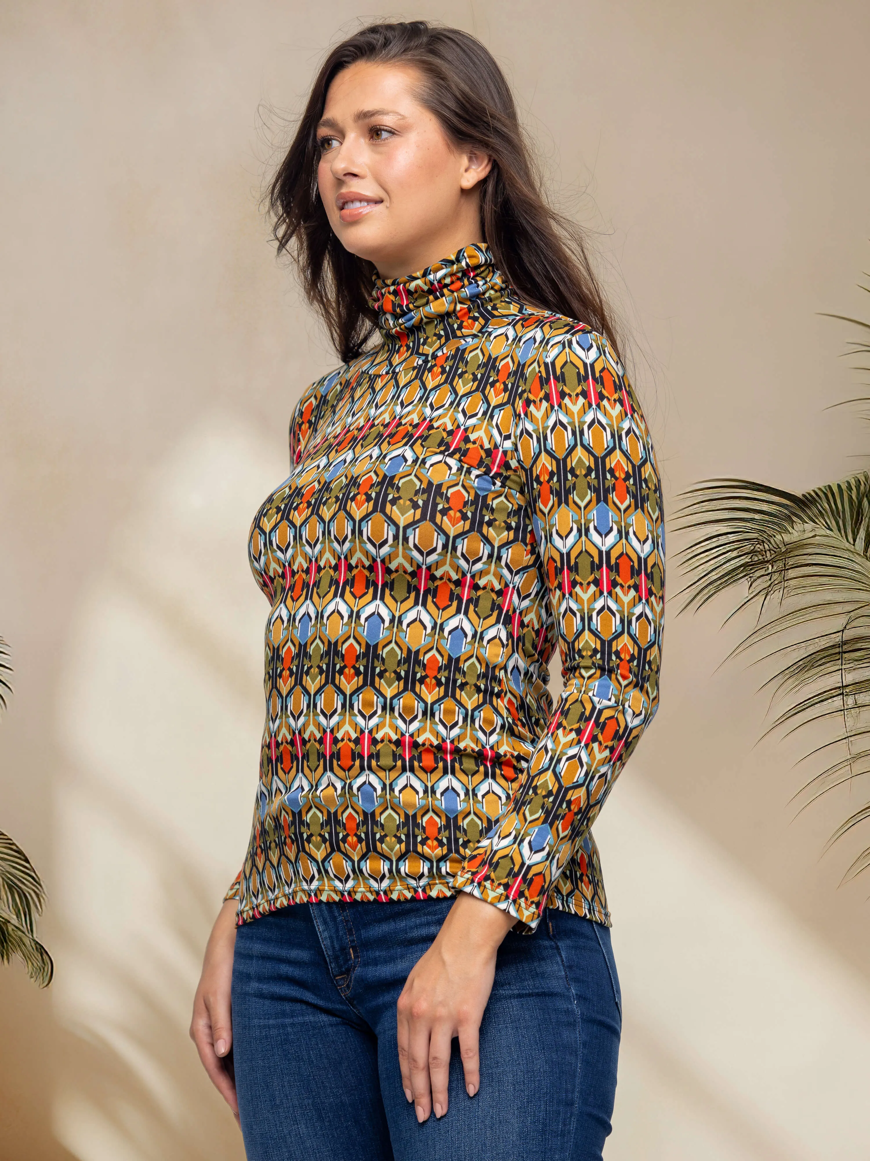 Multicolor Geo Pring Long Sleeve Turtle Neck Top