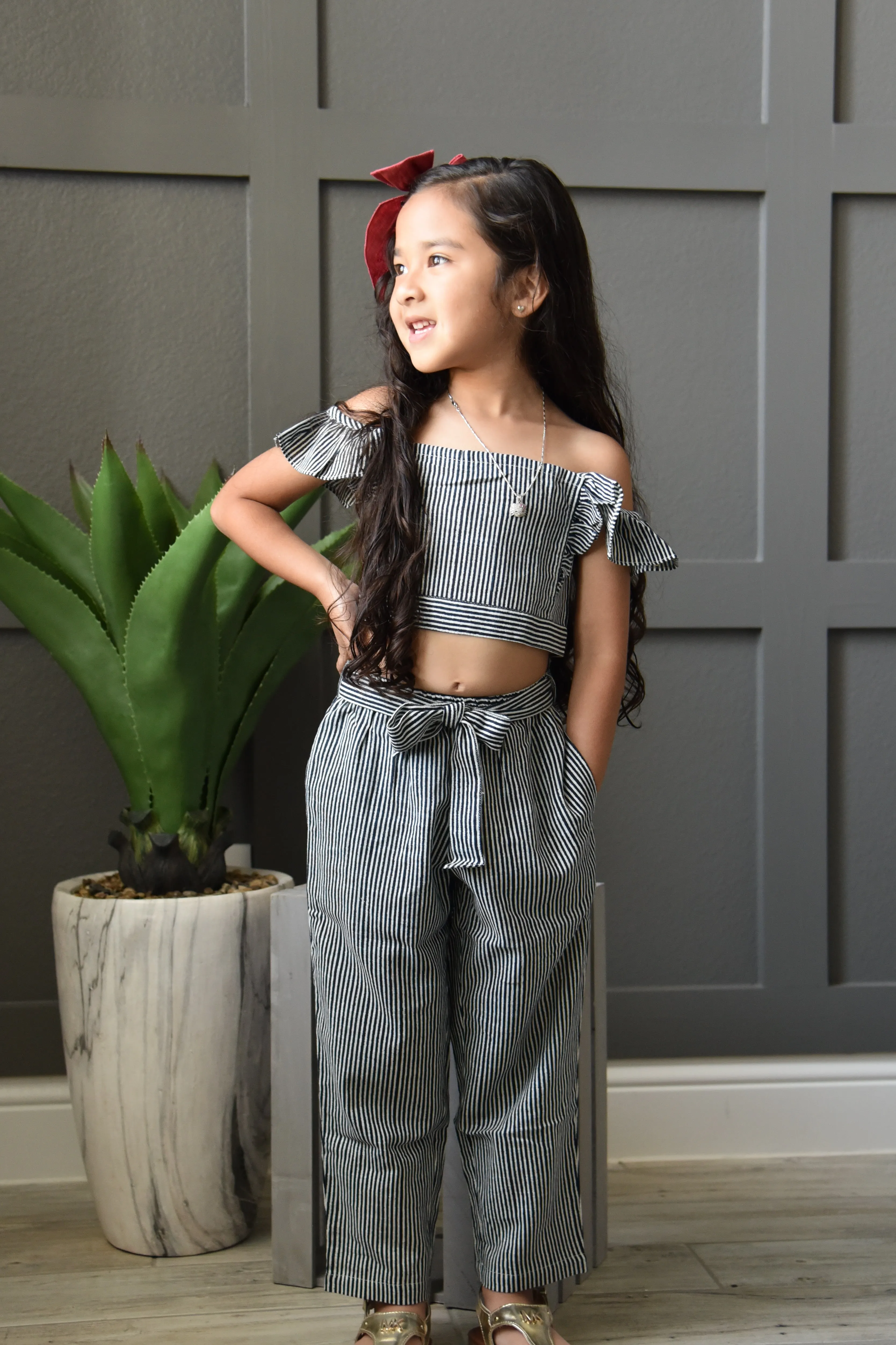 Navy-Striped Smocked Ruffle Top and Pants 2 pc set