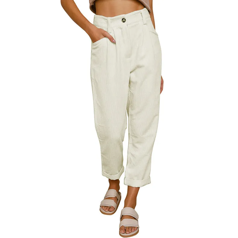 New women's high waist casual pants solid color loose straight corduroy pants