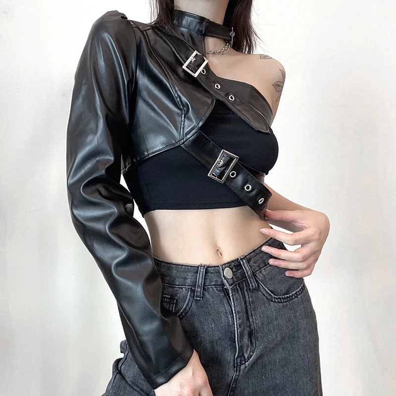 One Shoulder PU Cropped Coat