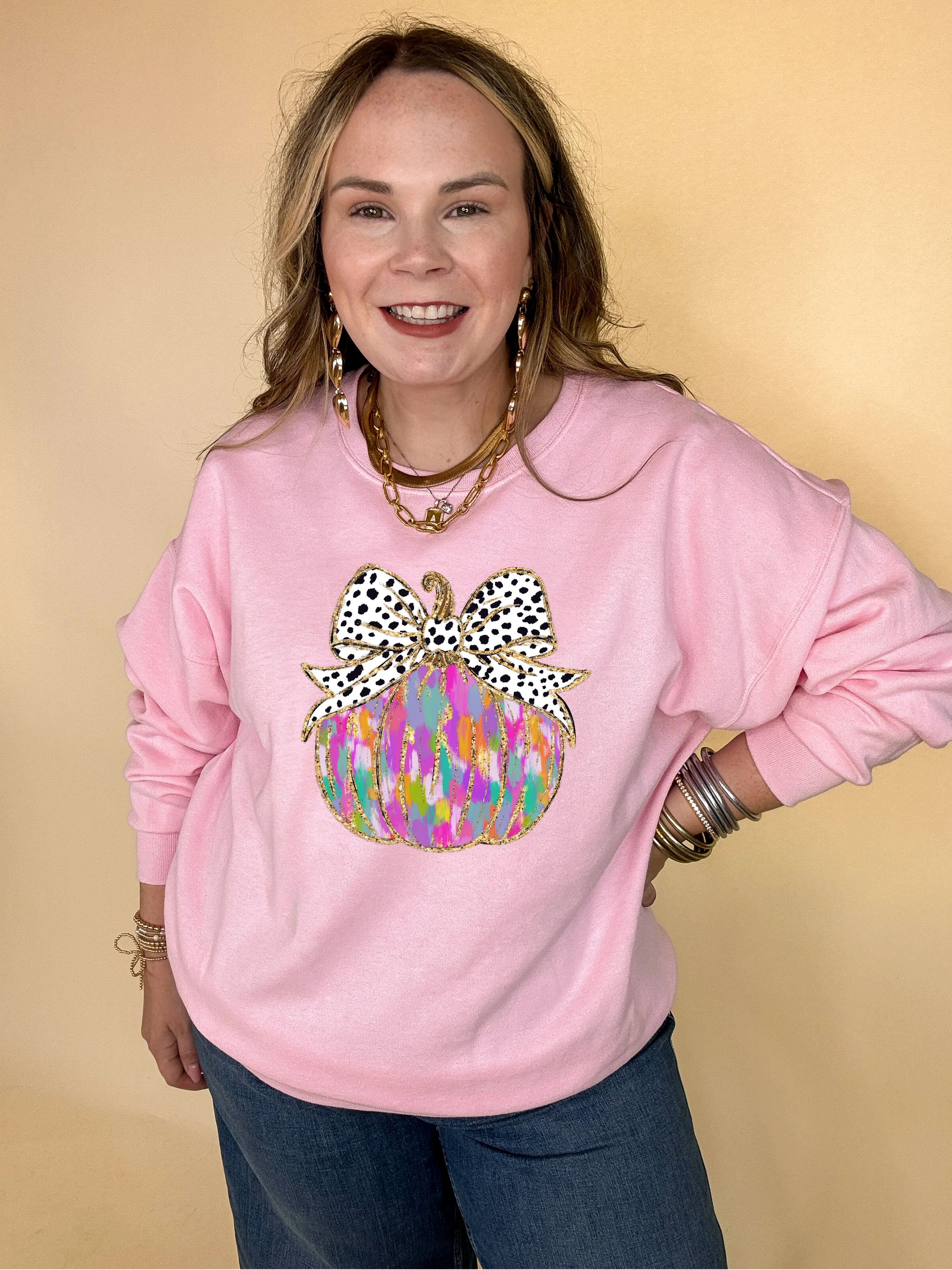 Online Exclusive | Coquette Multi Colored Pumpkin with Spotted Bow and Gold Detailing Graphic Sweatshirt in Multiple Color Options