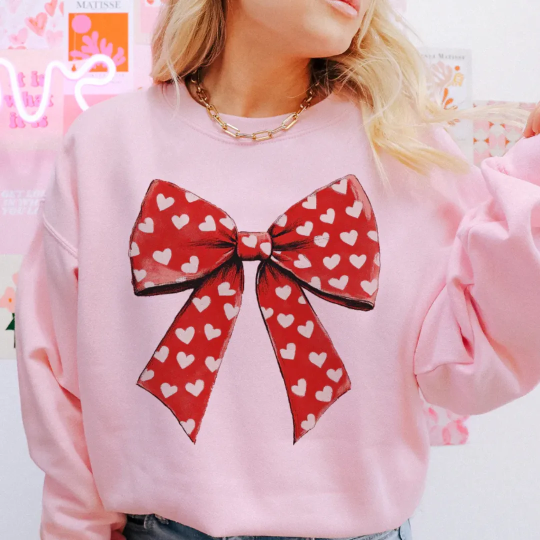 Online Exclusive | Valentine Big Red Bow with Hearts Graphic Sweatshirt in Pink