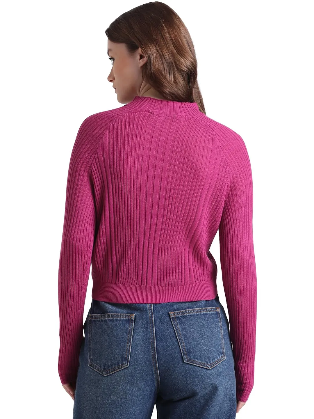 ONLY Women's Acrylic High Neck Pullover Sweater (15323379-Festival Fuchsia_Festival