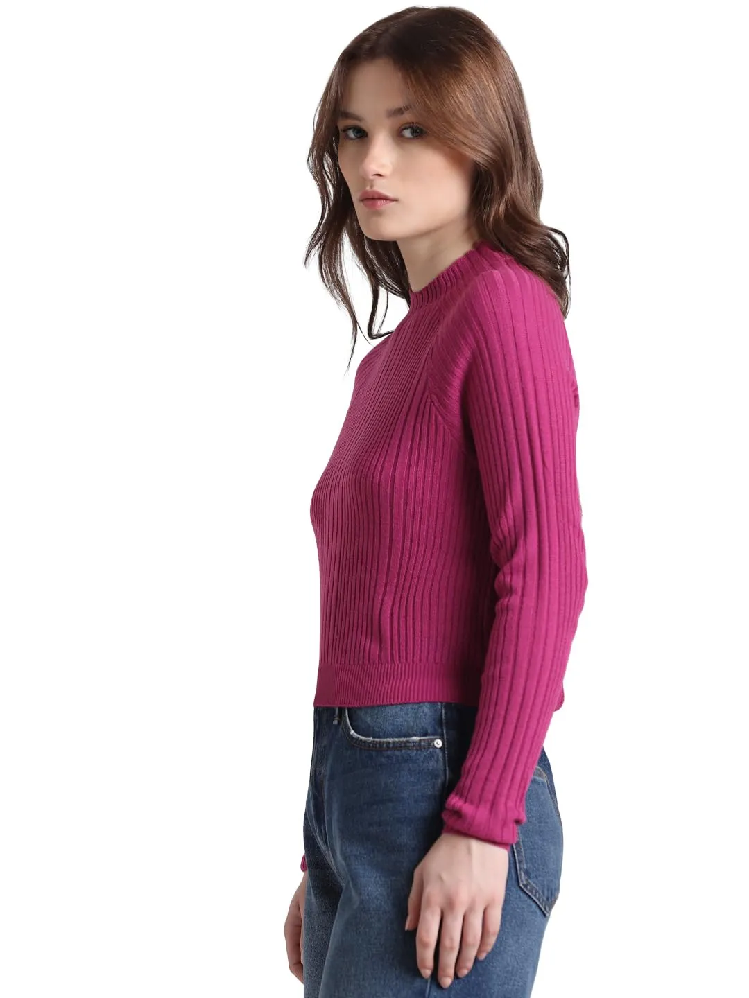 ONLY Women's Acrylic High Neck Pullover Sweater (15323379-Festival Fuchsia_Festival