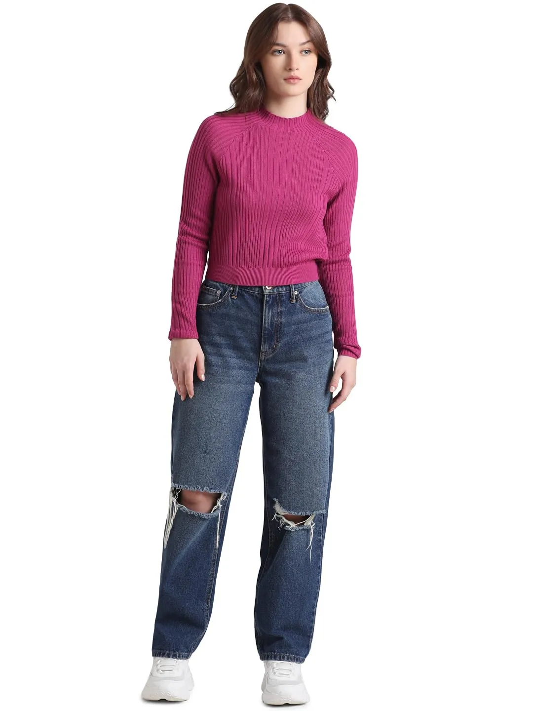 ONLY Women's Acrylic High Neck Pullover Sweater (15323379-Festival Fuchsia_Festival