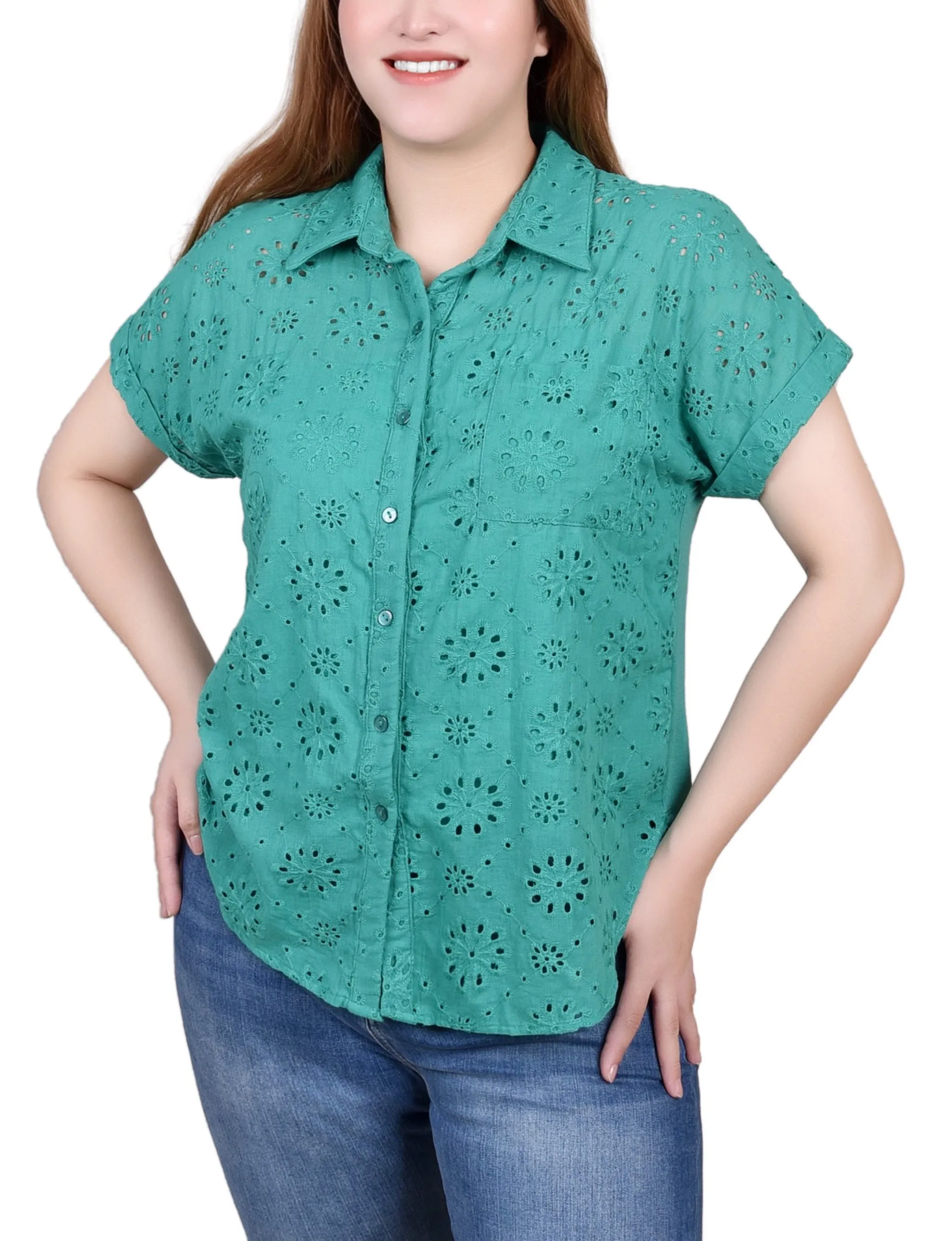 Petite Short Sleeve Eyelet/Jersey Blouse