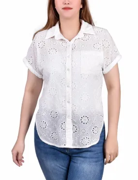 Petite Short Sleeve Eyelet/Jersey Blouse