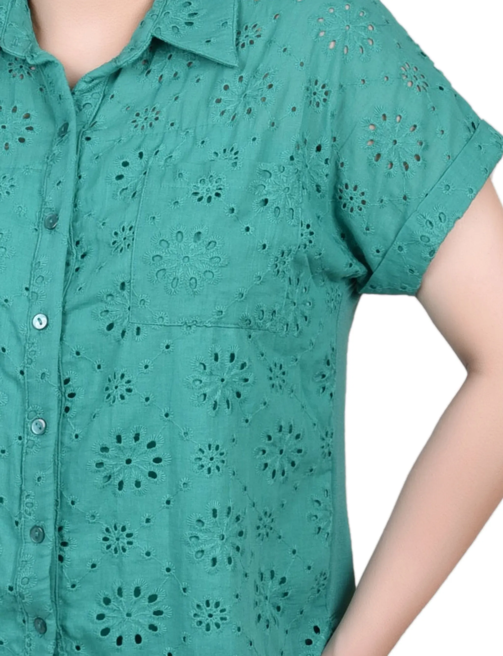 Petite Short Sleeve Eyelet/Jersey Blouse