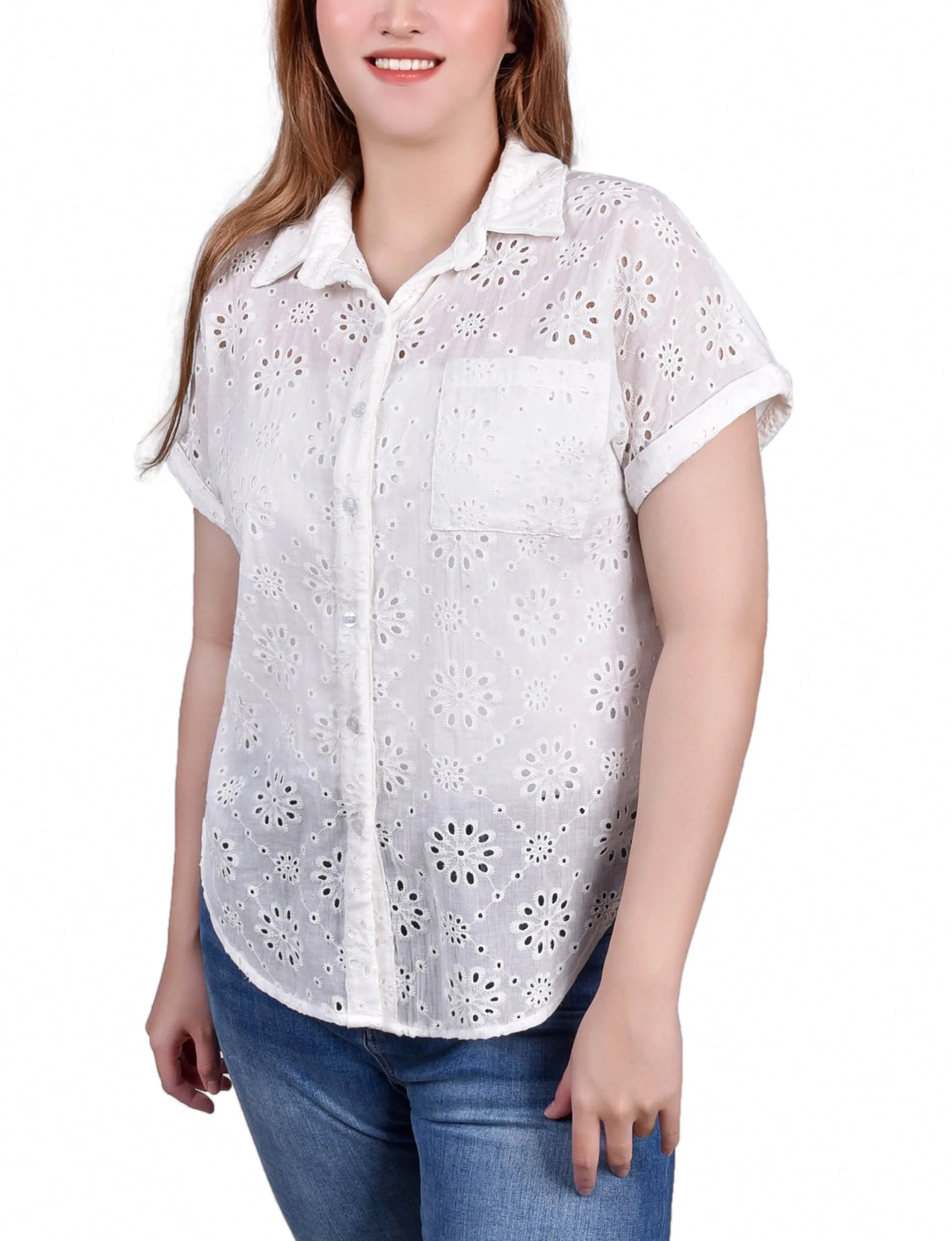 Petite Short Sleeve Eyelet/Jersey Blouse