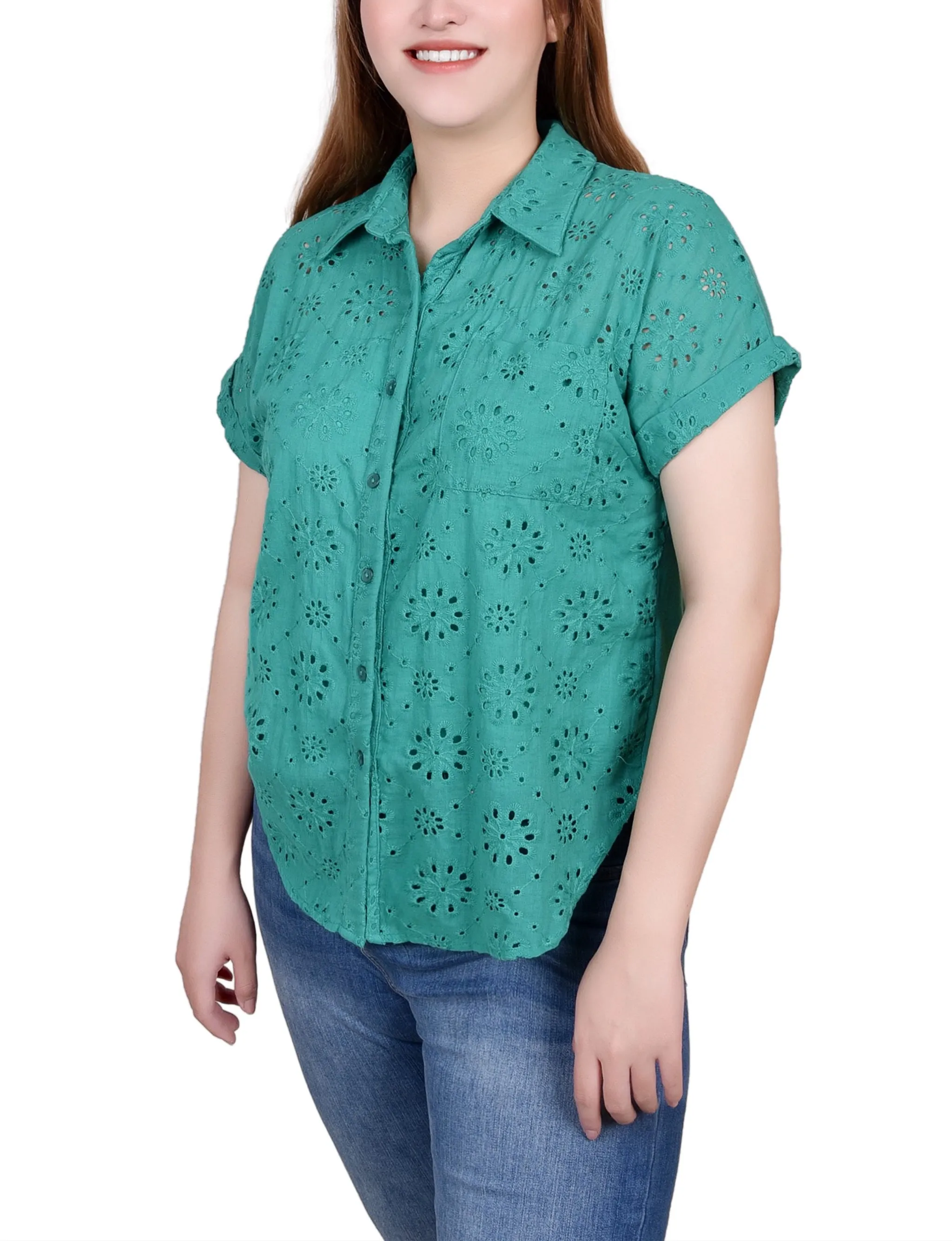 Petite Short Sleeve Eyelet/Jersey Blouse