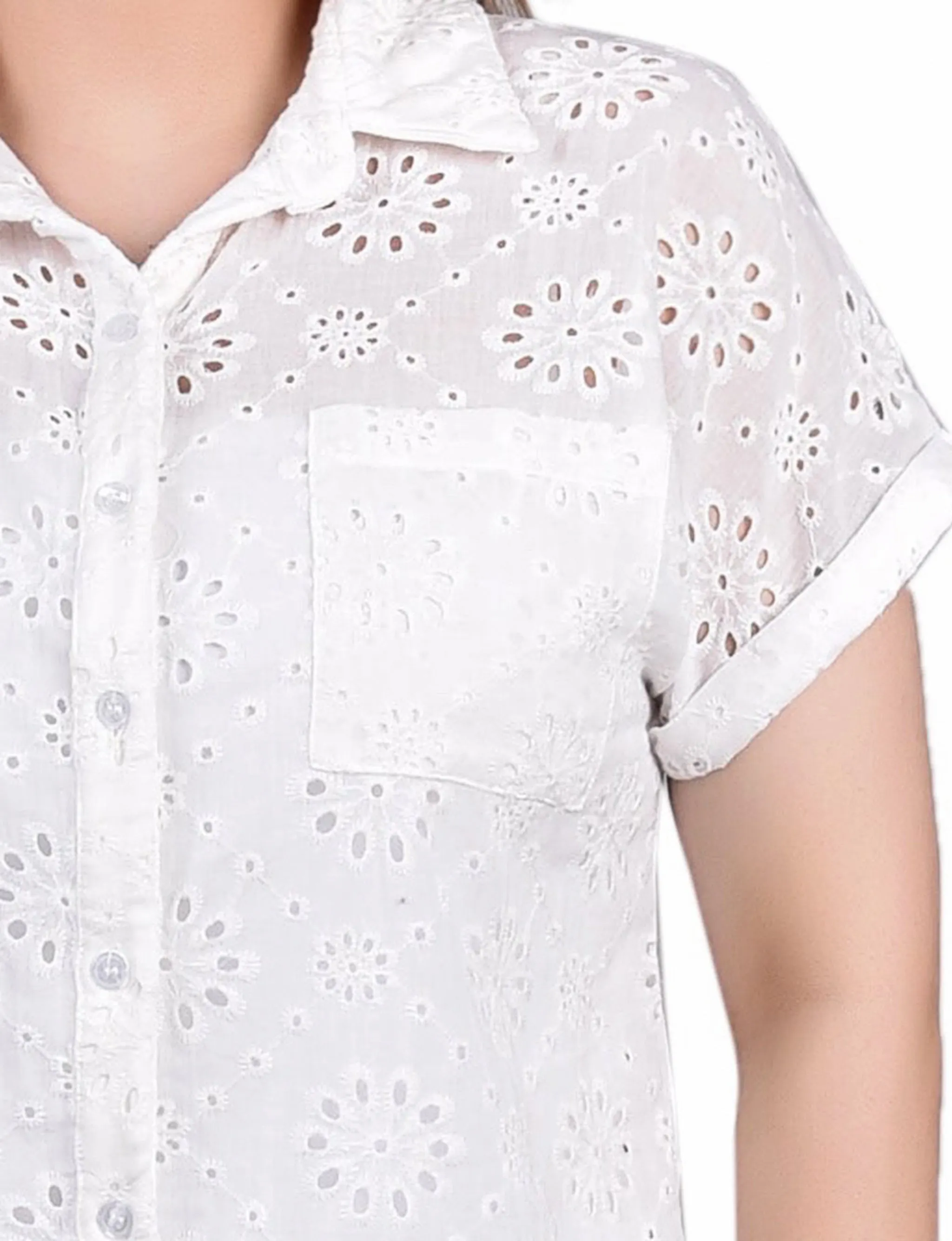 Petite Short Sleeve Eyelet/Jersey Blouse