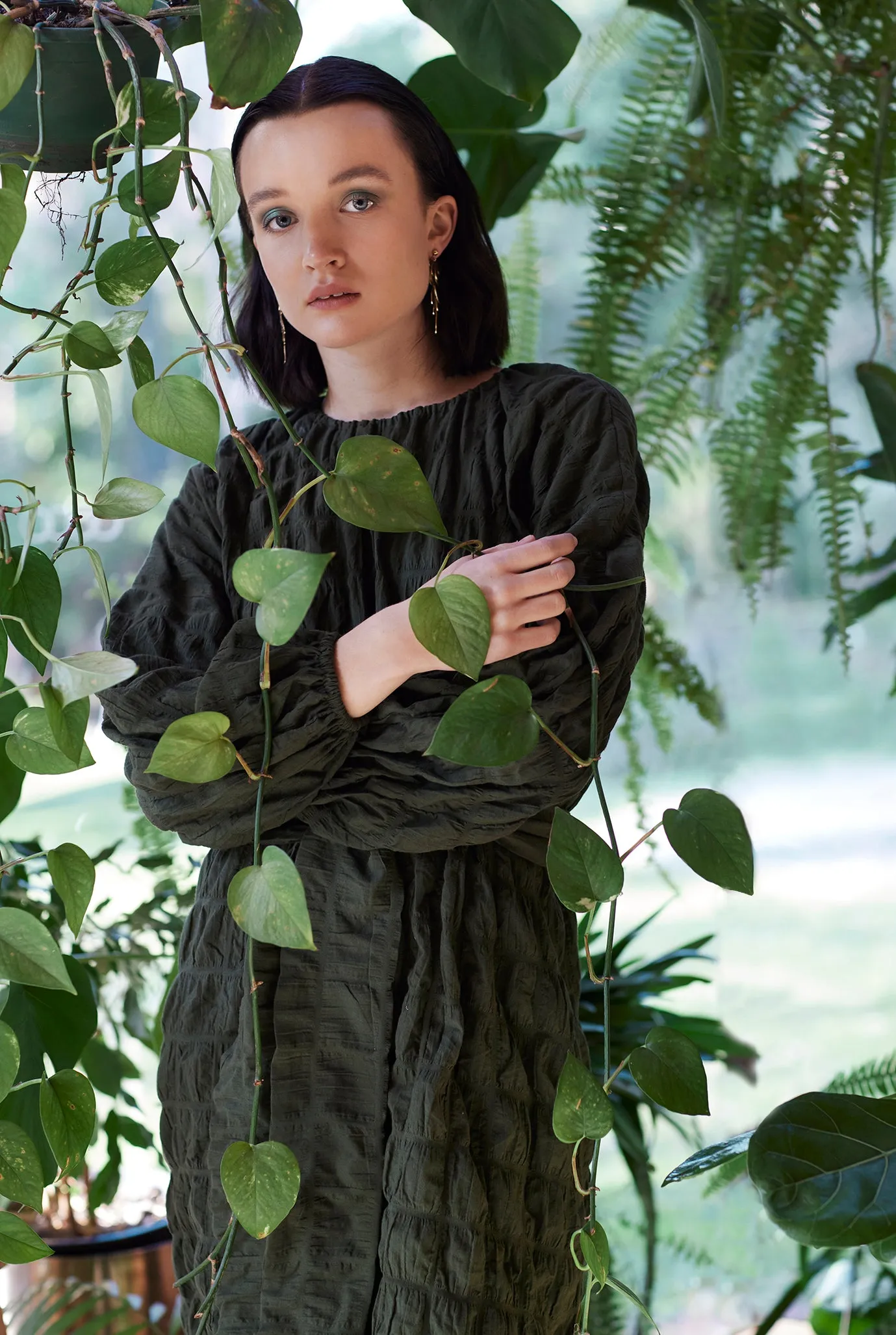 PHILODENDRON DRESS [ Green Cotton, Long Sleeves ]