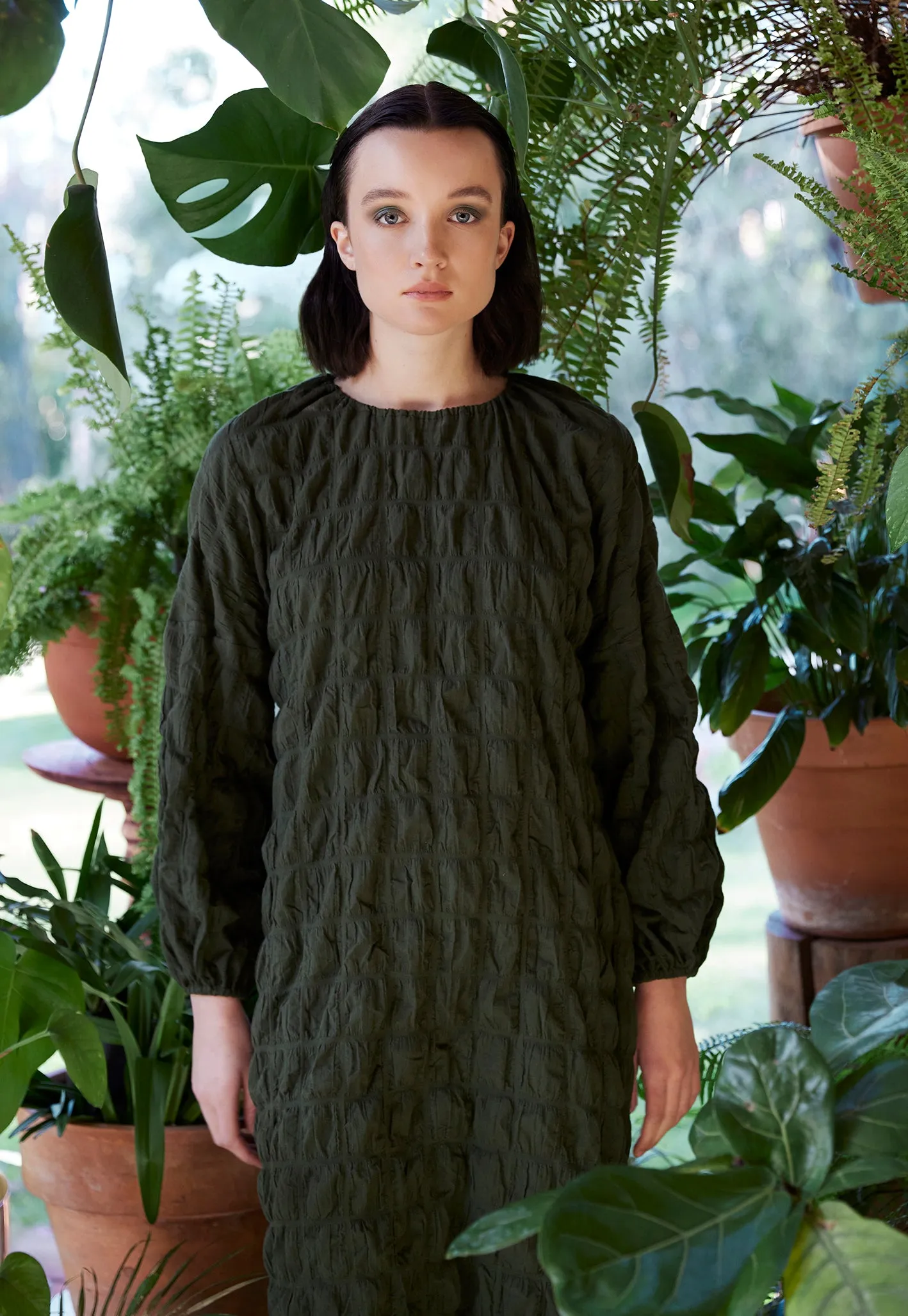 PHILODENDRON DRESS [ Green Cotton, Long Sleeves ]