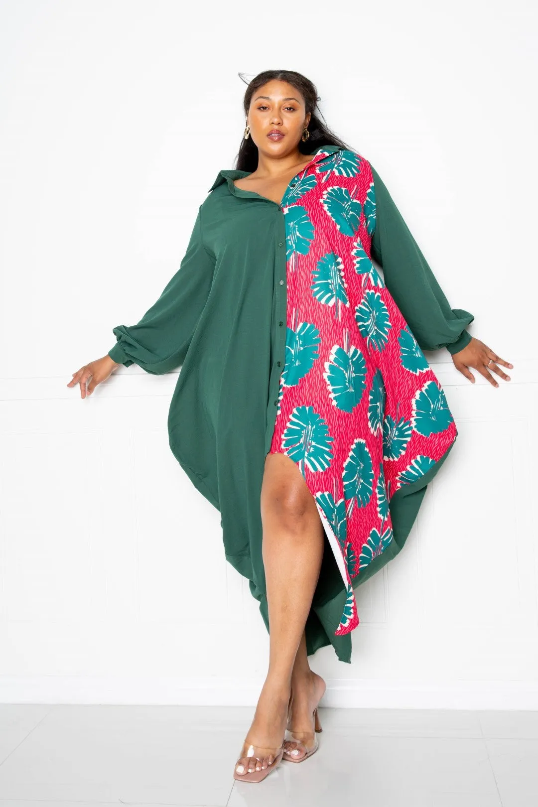 Plus Size Teal Green Long Sleeve Button Up Shirt Maxi Dress