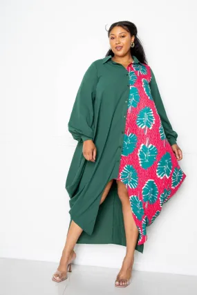 Plus Size Teal Green Long Sleeve Button Up Shirt Maxi Dress