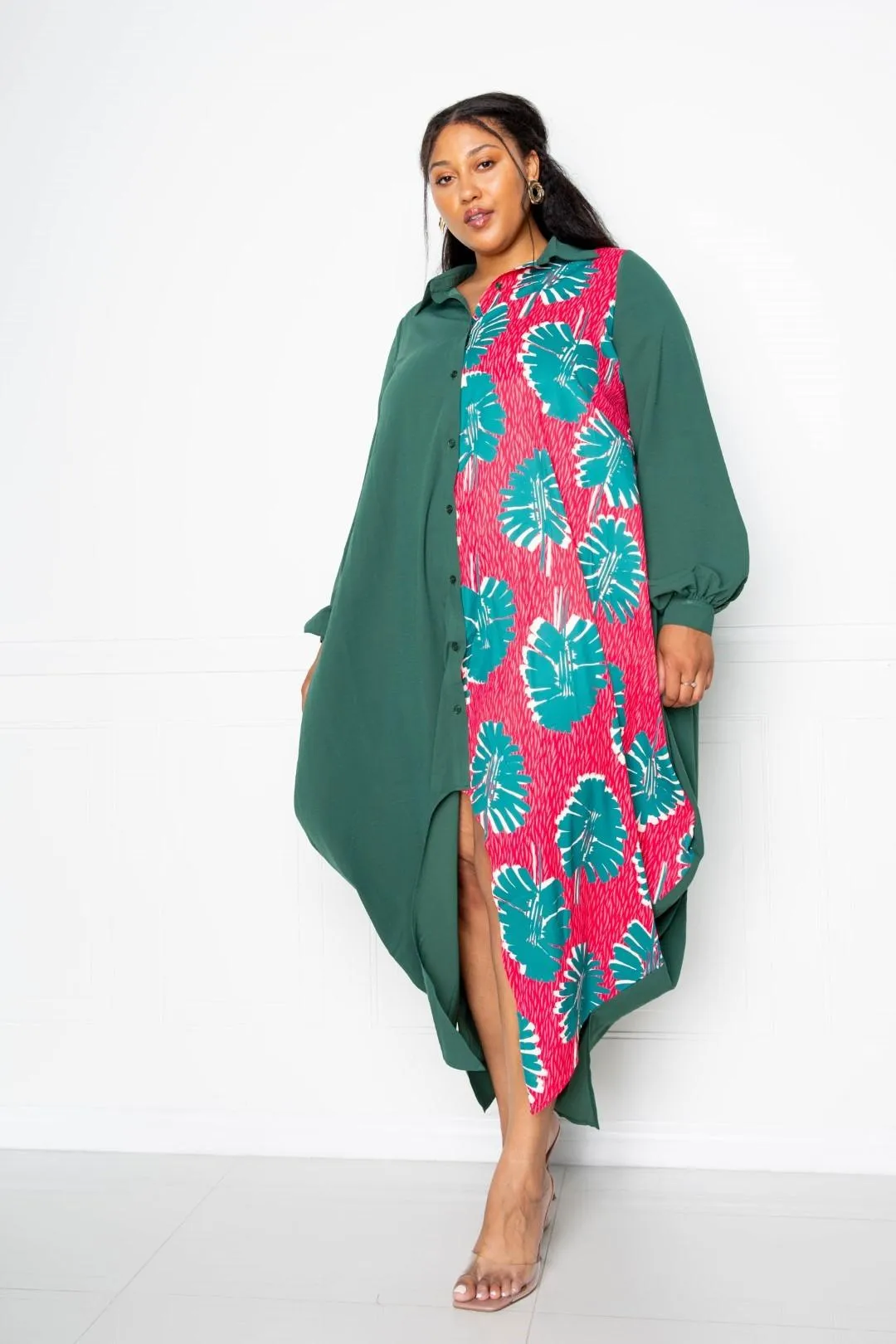 Plus Size Teal Green Long Sleeve Button Up Shirt Maxi Dress