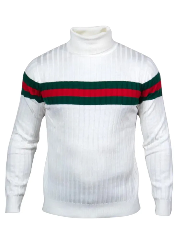 Prestige Men's White Turtleneck Sweaters Regular-Fit Red and Green Stripe