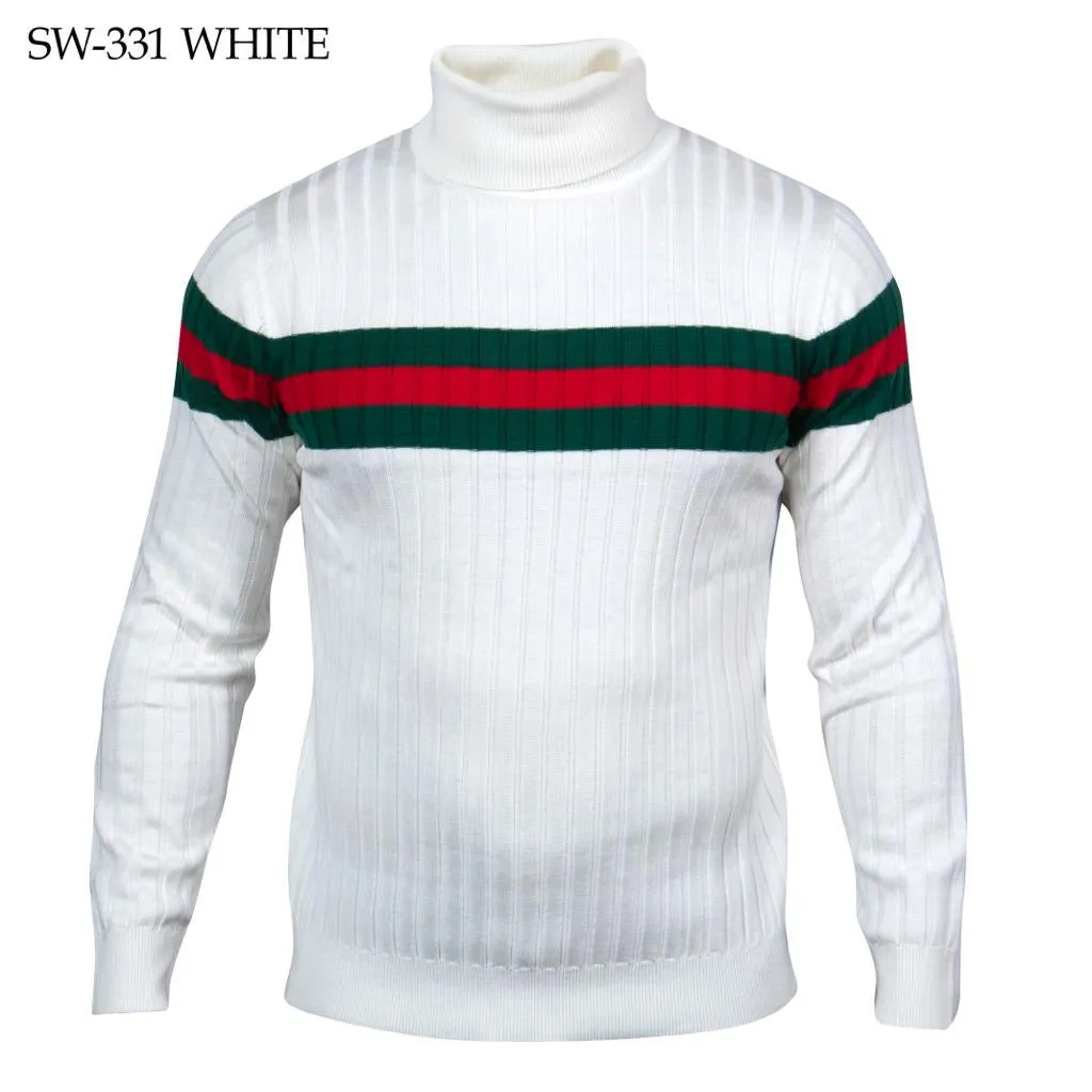 Prestige Men's White Turtleneck Sweaters Regular-Fit Red and Green Stripe