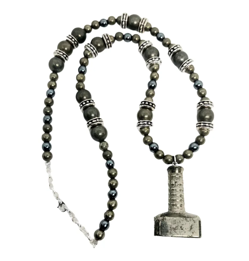 Pyrite Crystal Mjölnir Necklace with Hematite