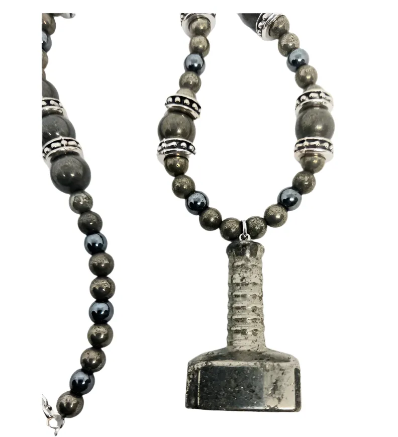 Pyrite Crystal Mjölnir Necklace with Hematite