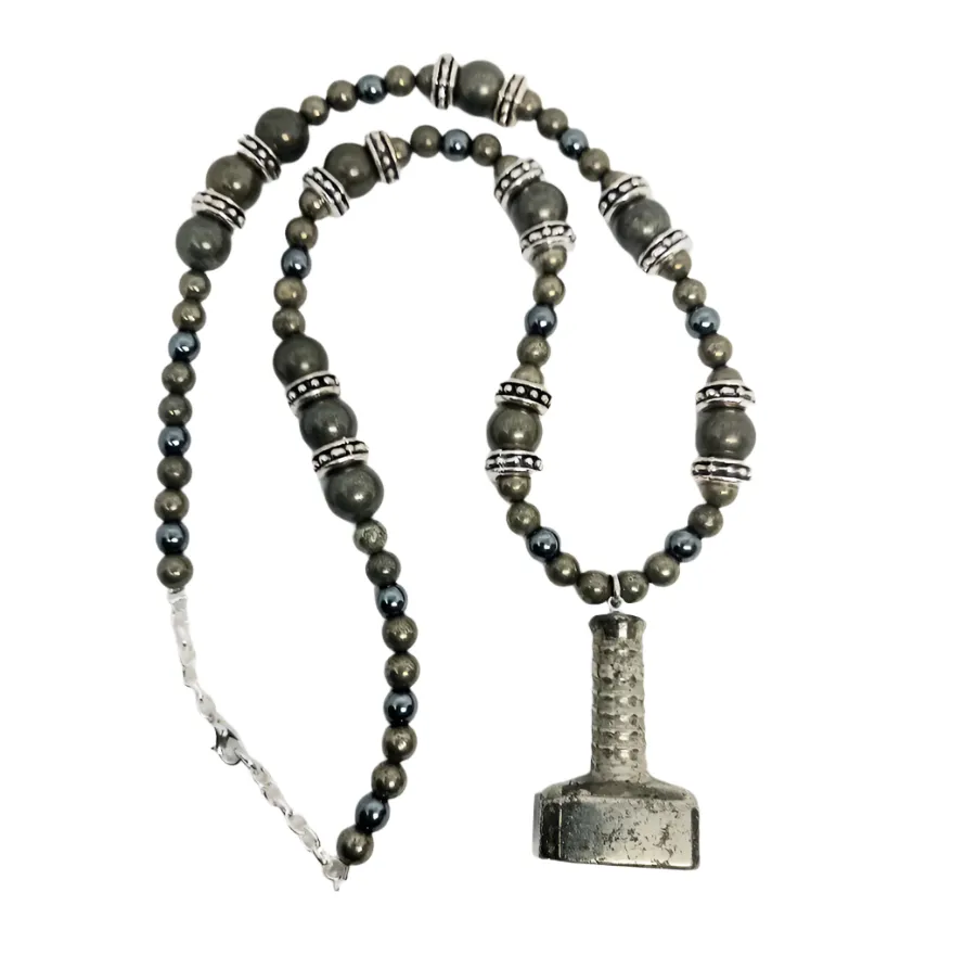 Pyrite Crystal Mjölnir Necklace with Hematite