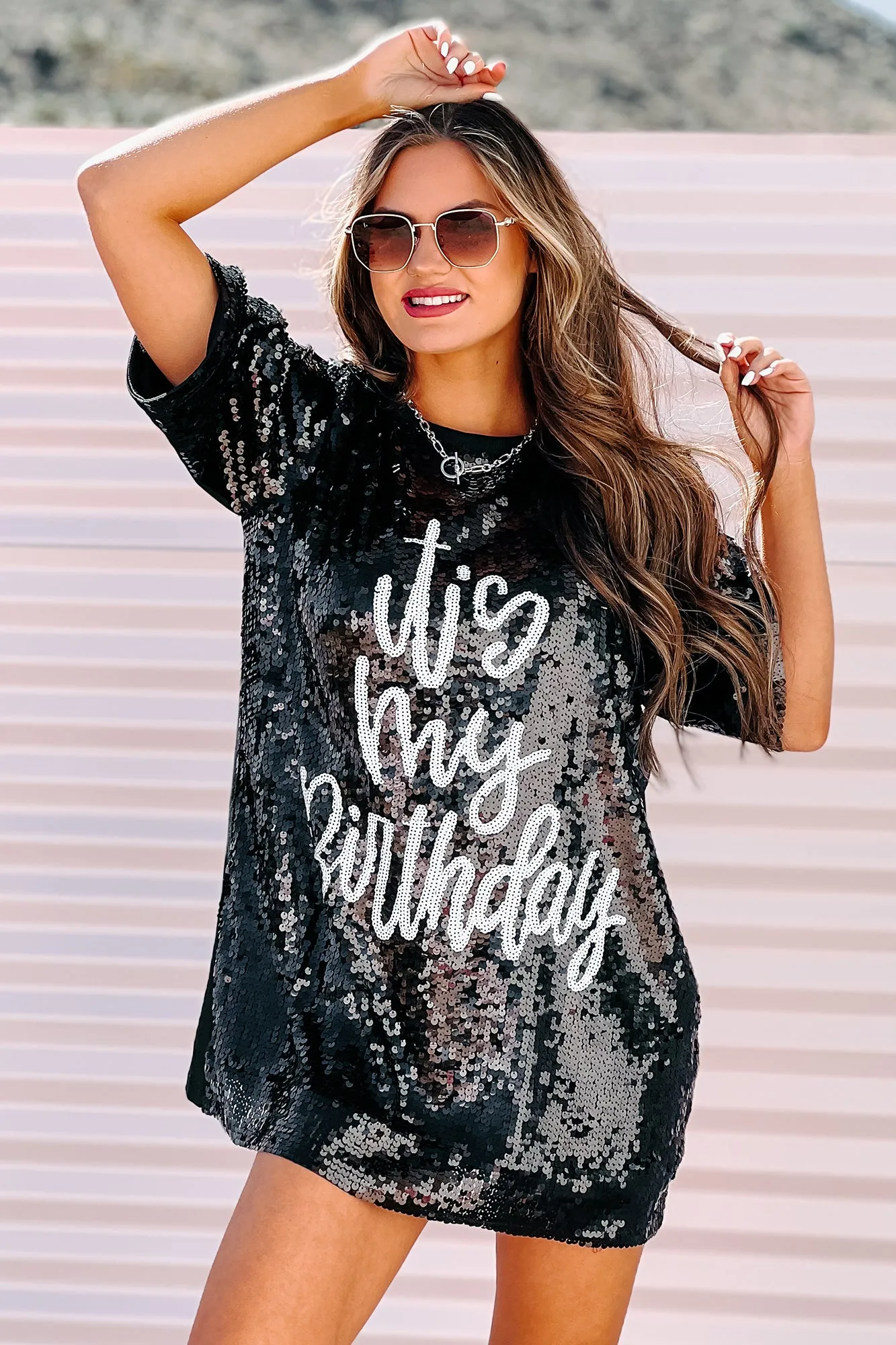 "It's My Birthday" Sequin T-Shirt Dress (Black)