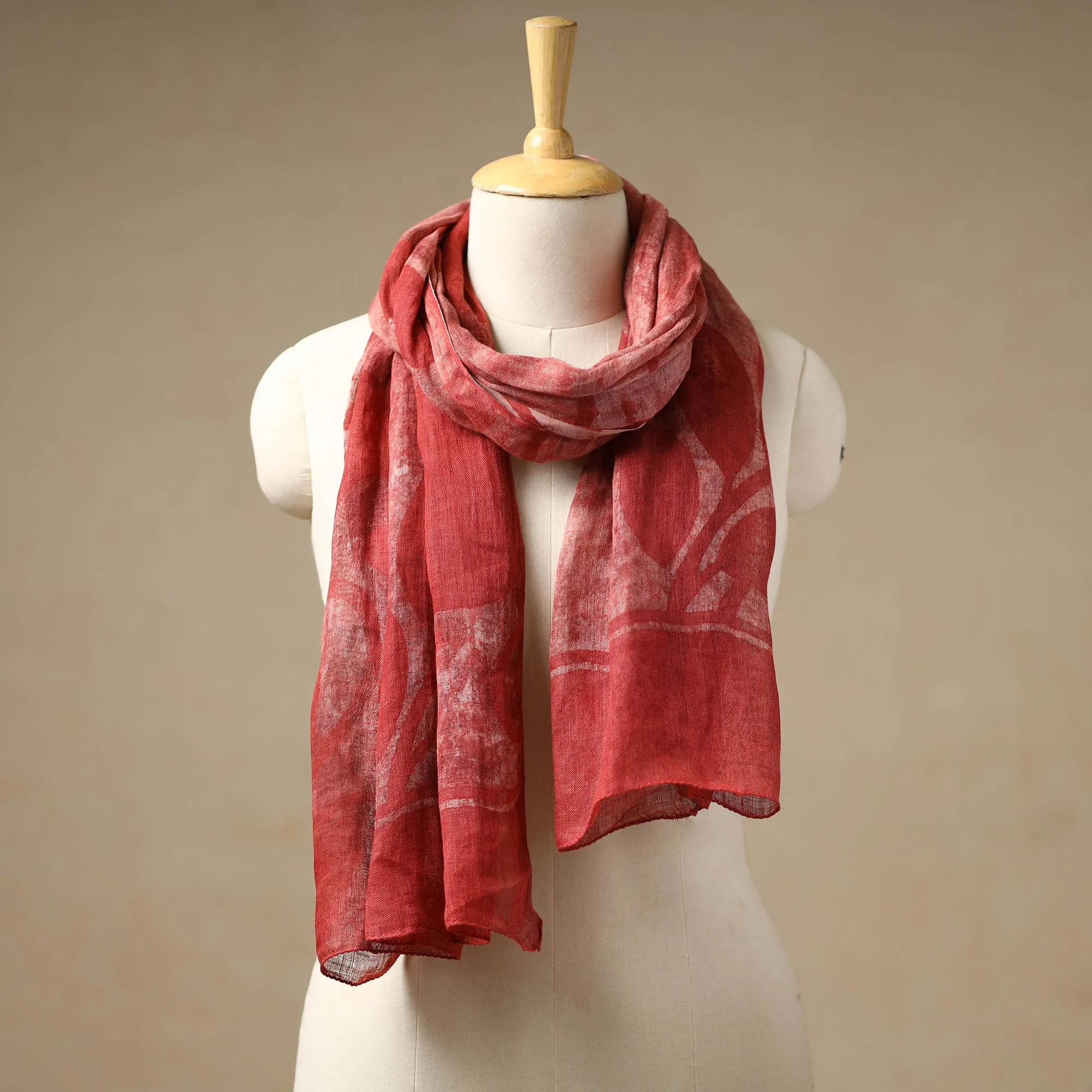 Red - Bindaas Block Printed Natural Dyed Linen Handloom Stole 05