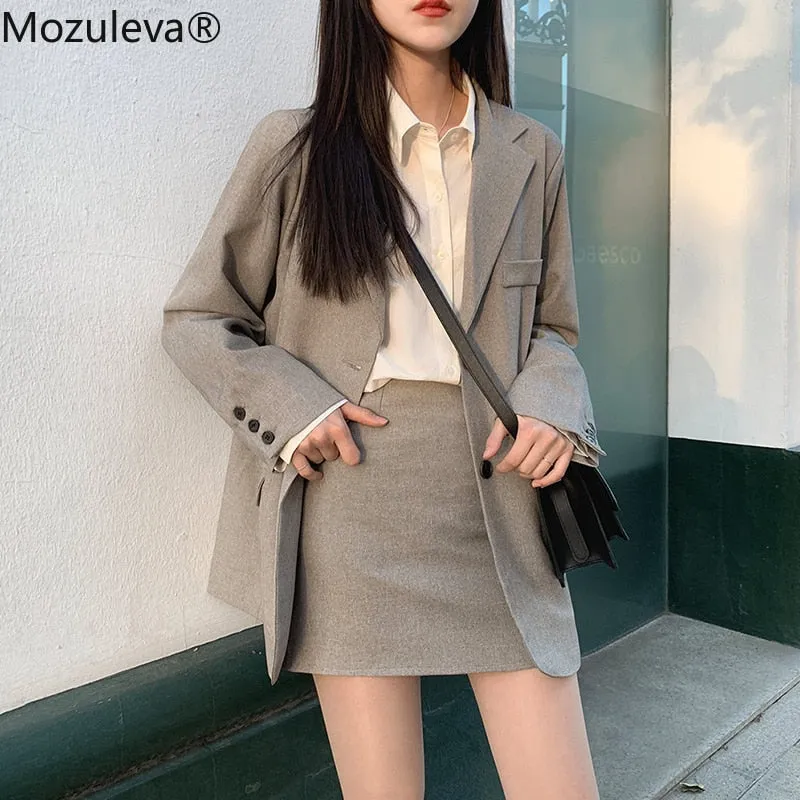 Retro Single Breasted Blazer Jacket & A-Line Skirt Ensemble