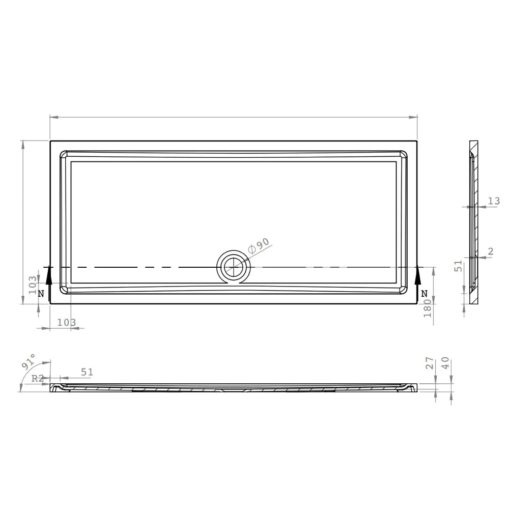 Roman Stone Solid Surface Anti Slip Shower Tray - 1200 x 760 x 40mm