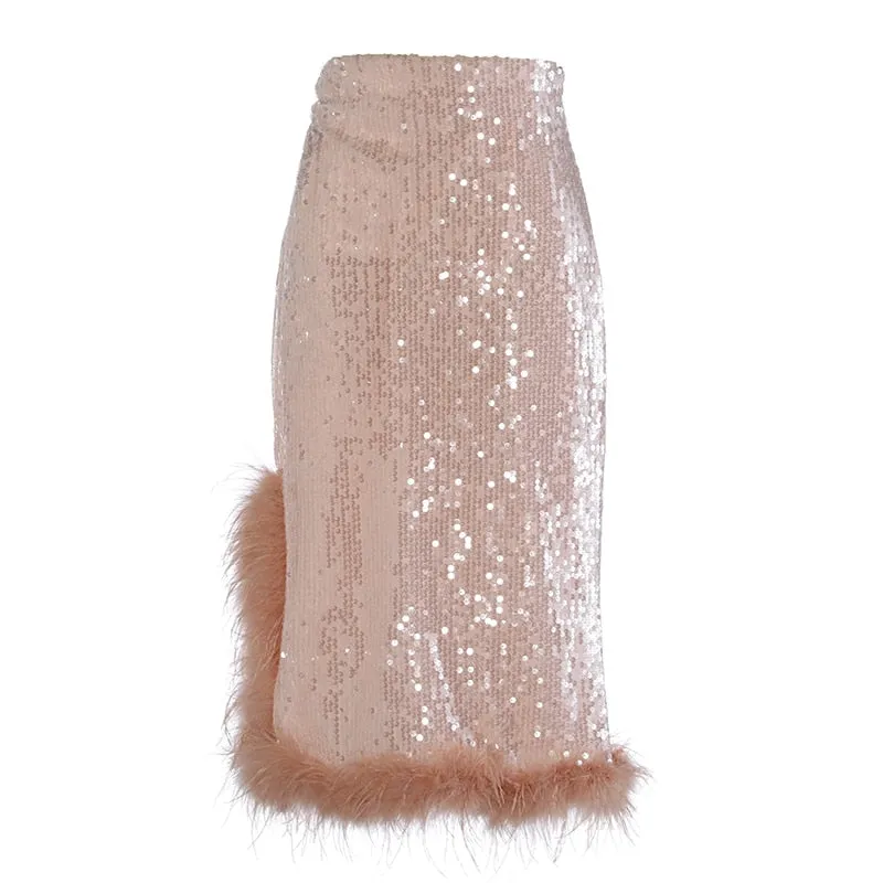 Runway- the High Waist Sequin and Marabou Feathers Pencil Skirt