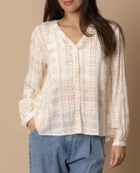 Serenity Long Sleeve Orange/Cream Printed Button Down Top