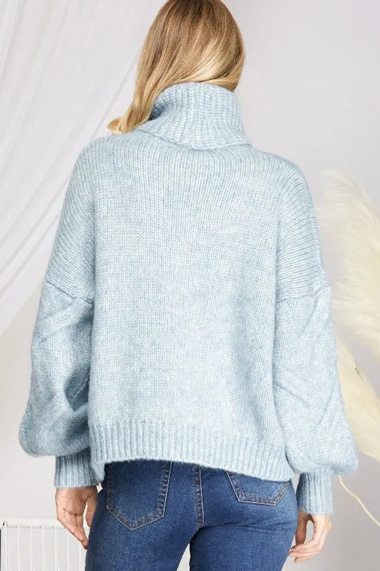 She   Sky Turtle Cable Knit Sweater Top - Lt Blue