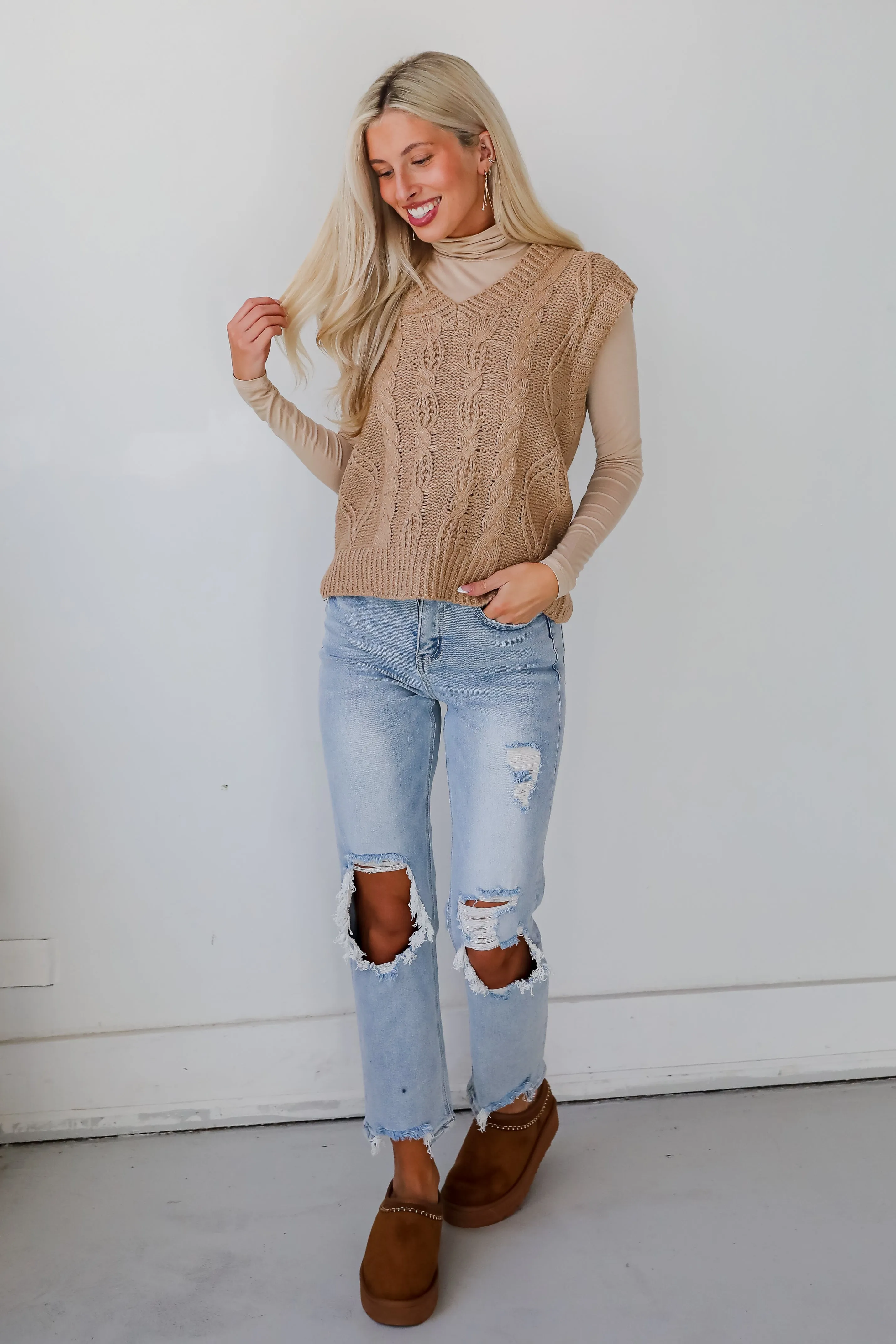 Sincerely Trendy Camel Cable Knit Sweater Vest - DOORBUSTER