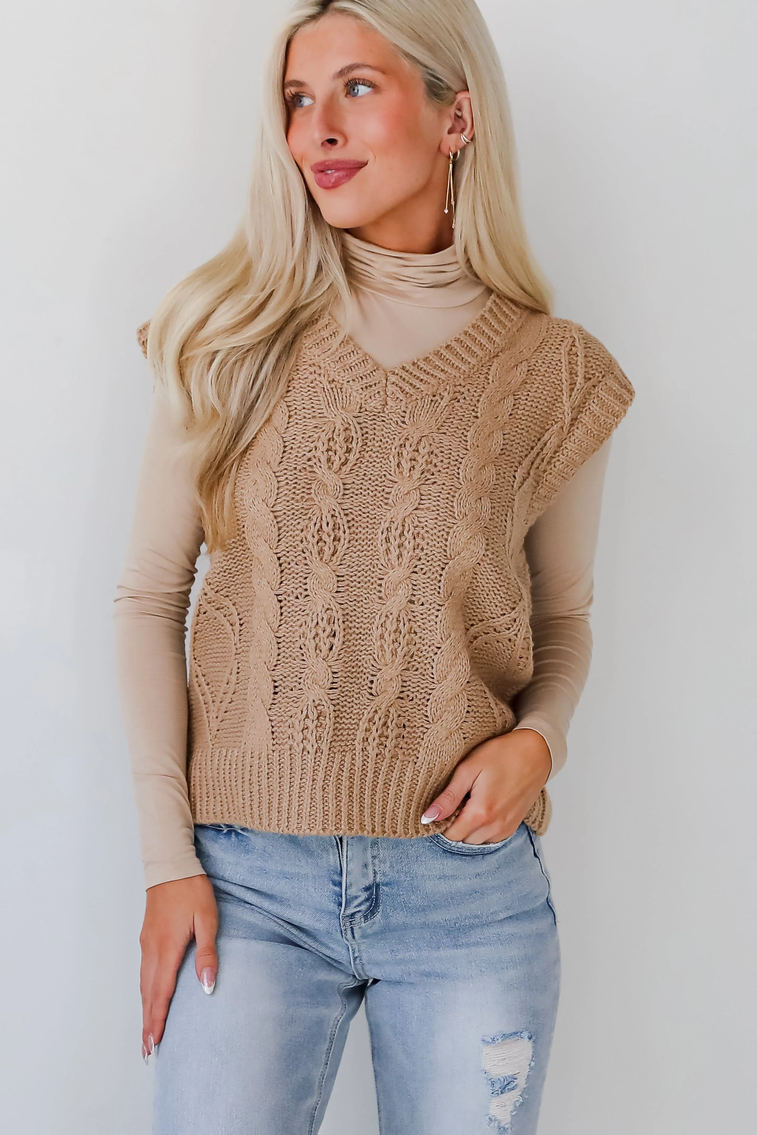 Sincerely Trendy Camel Cable Knit Sweater Vest - DOORBUSTER