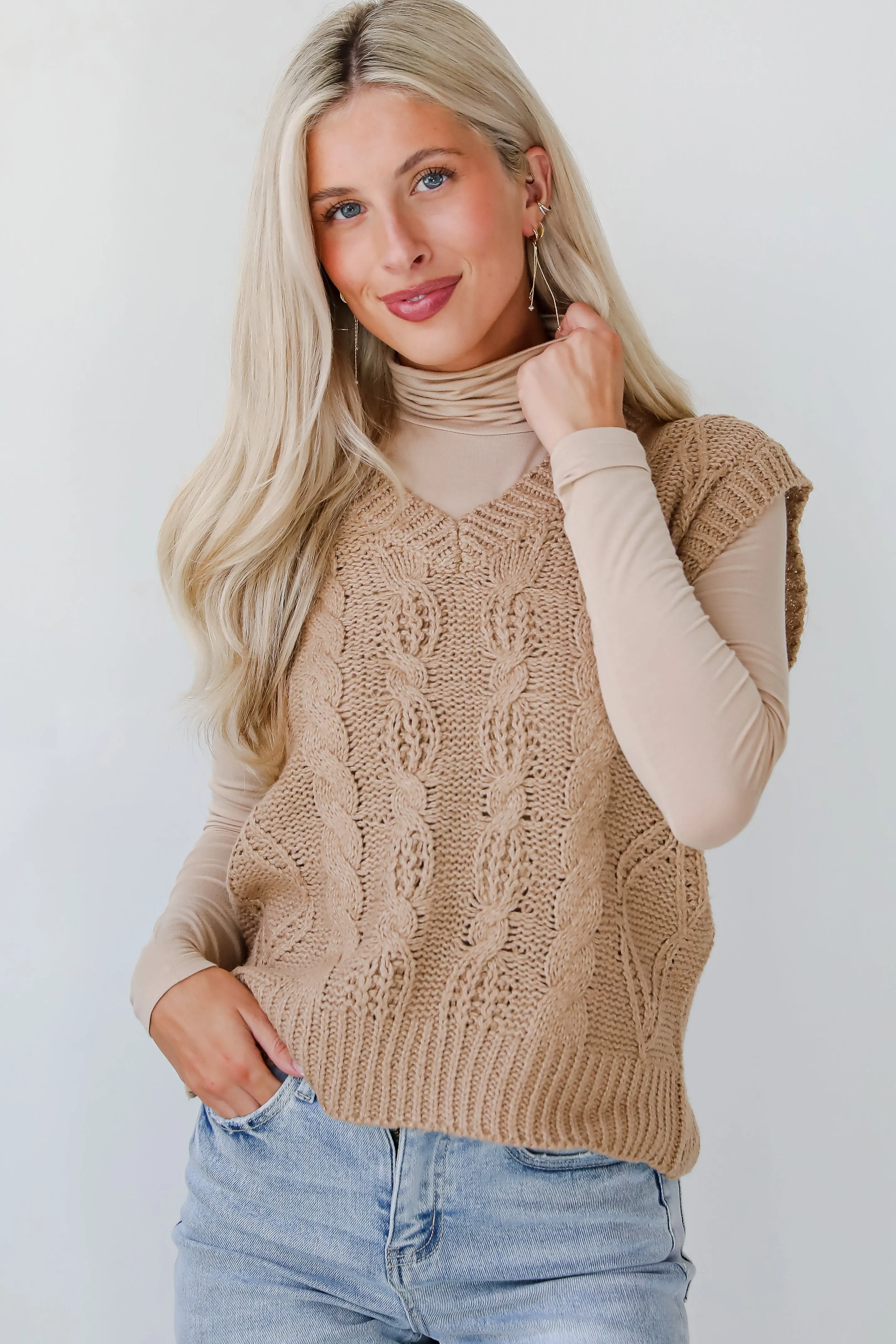 Sincerely Trendy Camel Cable Knit Sweater Vest - DOORBUSTER