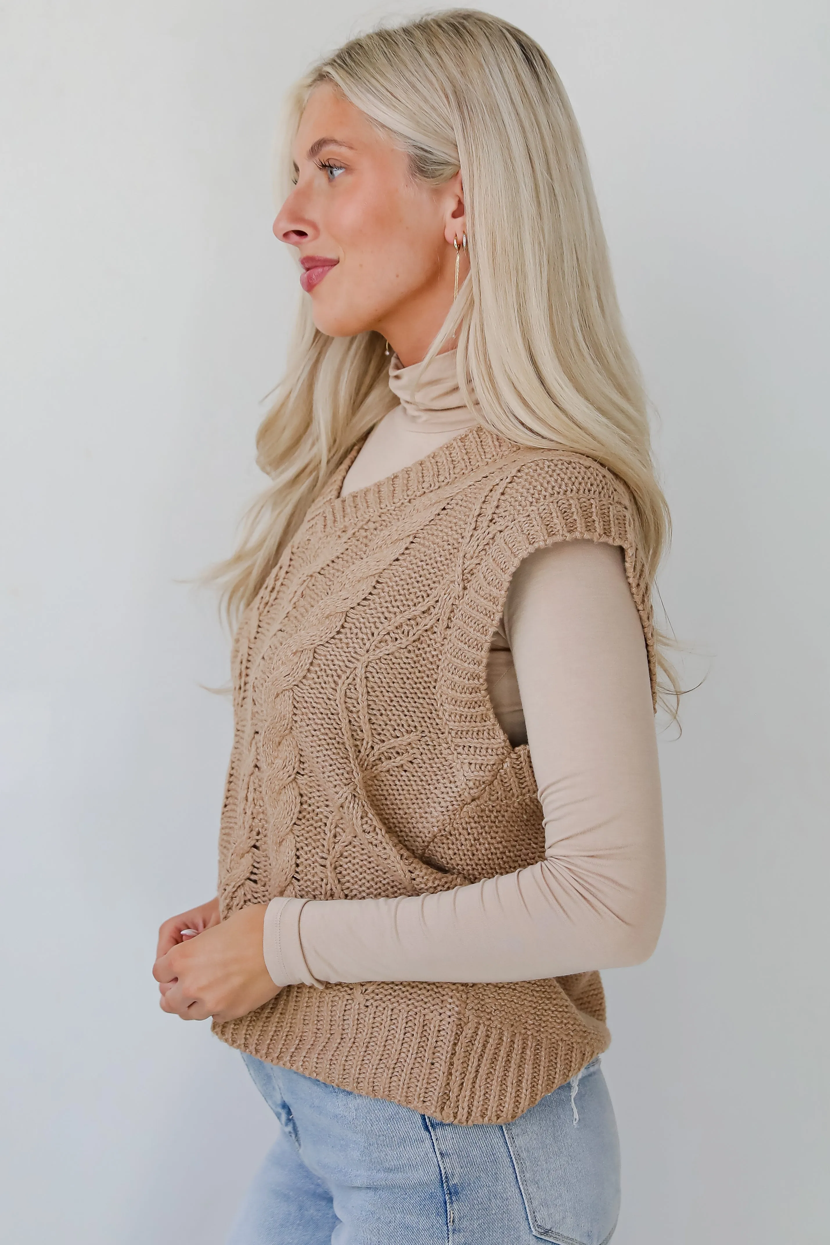 Sincerely Trendy Camel Cable Knit Sweater Vest - DOORBUSTER