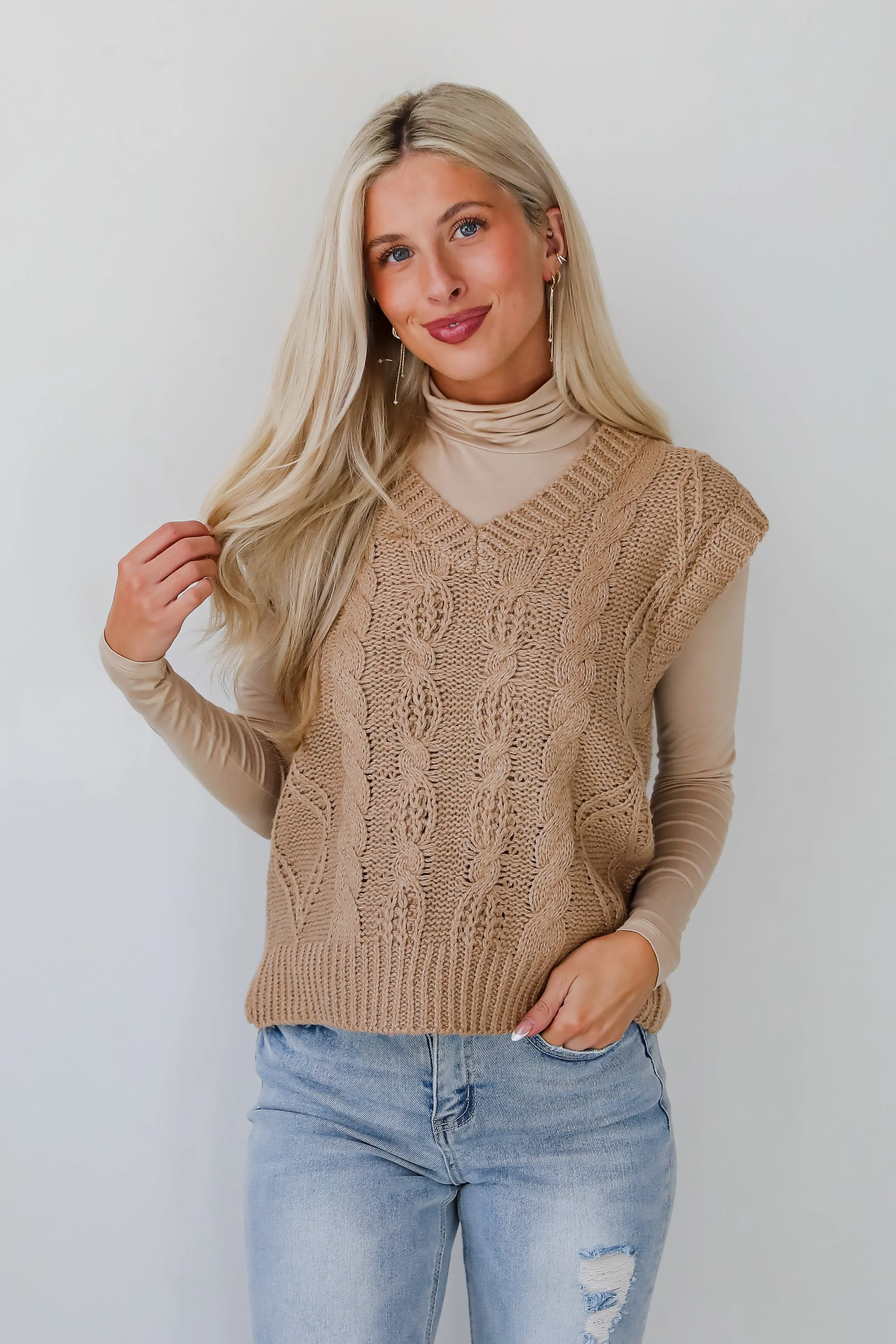 Sincerely Trendy Camel Cable Knit Sweater Vest - DOORBUSTER