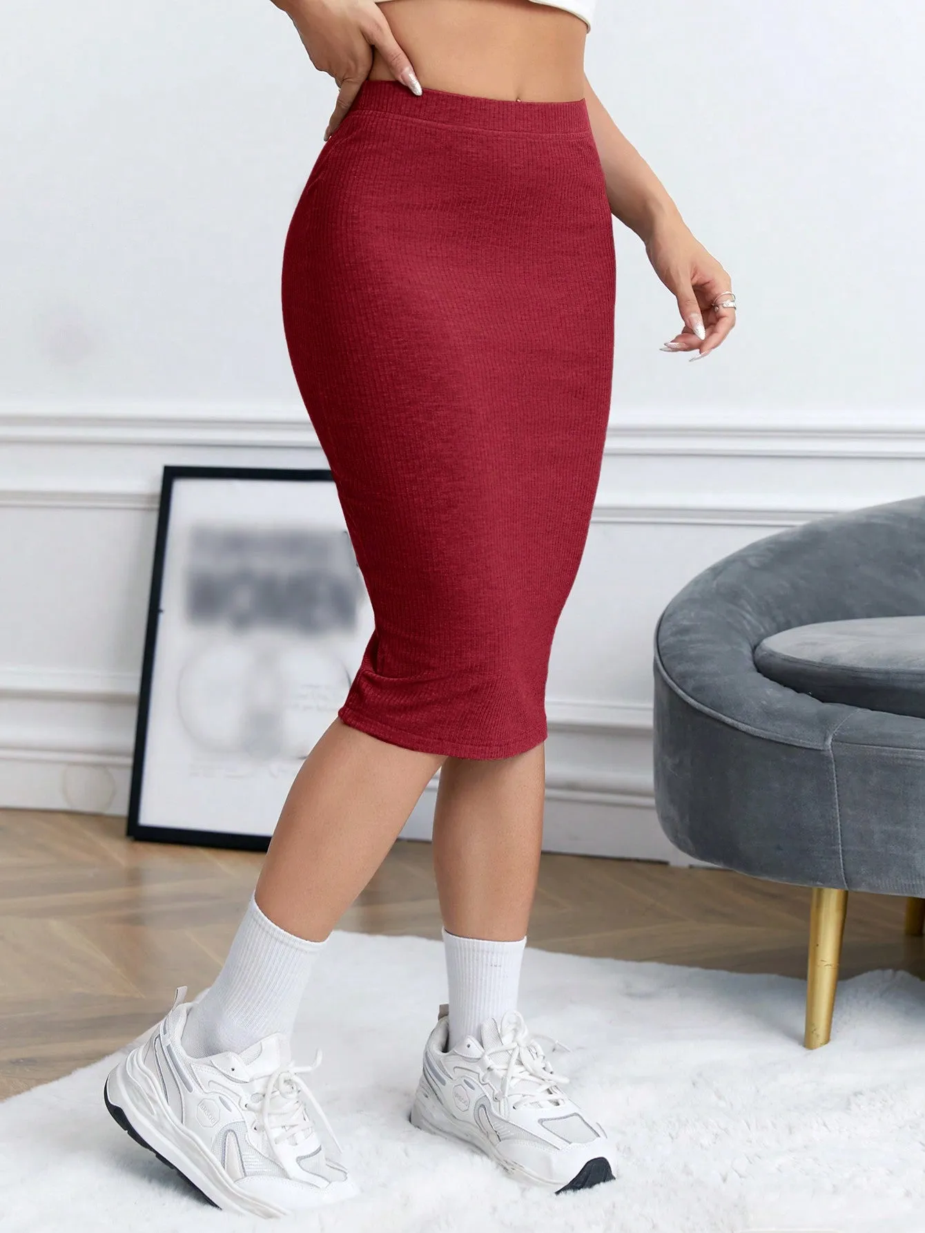 Solid Ribbed Knit Pencil Skirt SS24