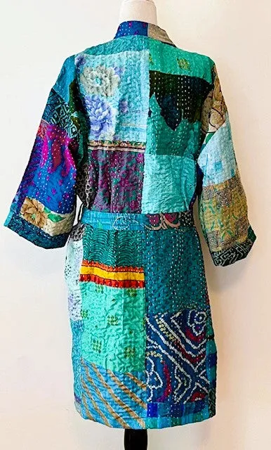 Spectacular Short Designer Patchwork Kimono. Knock Out Color. (Turquoise)