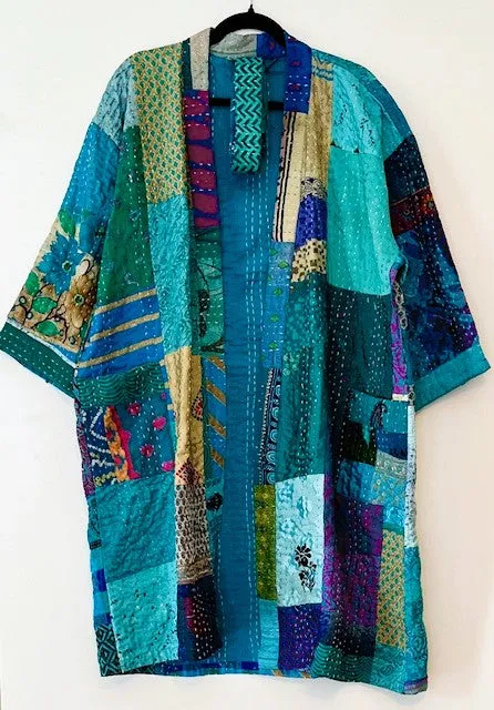 Spectacular Short Designer Patchwork Kimono. Knock Out Color. (Turquoise)