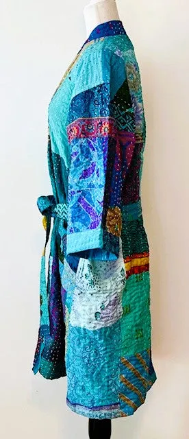 Spectacular Short Designer Patchwork Kimono. Knock Out Color. (Turquoise)